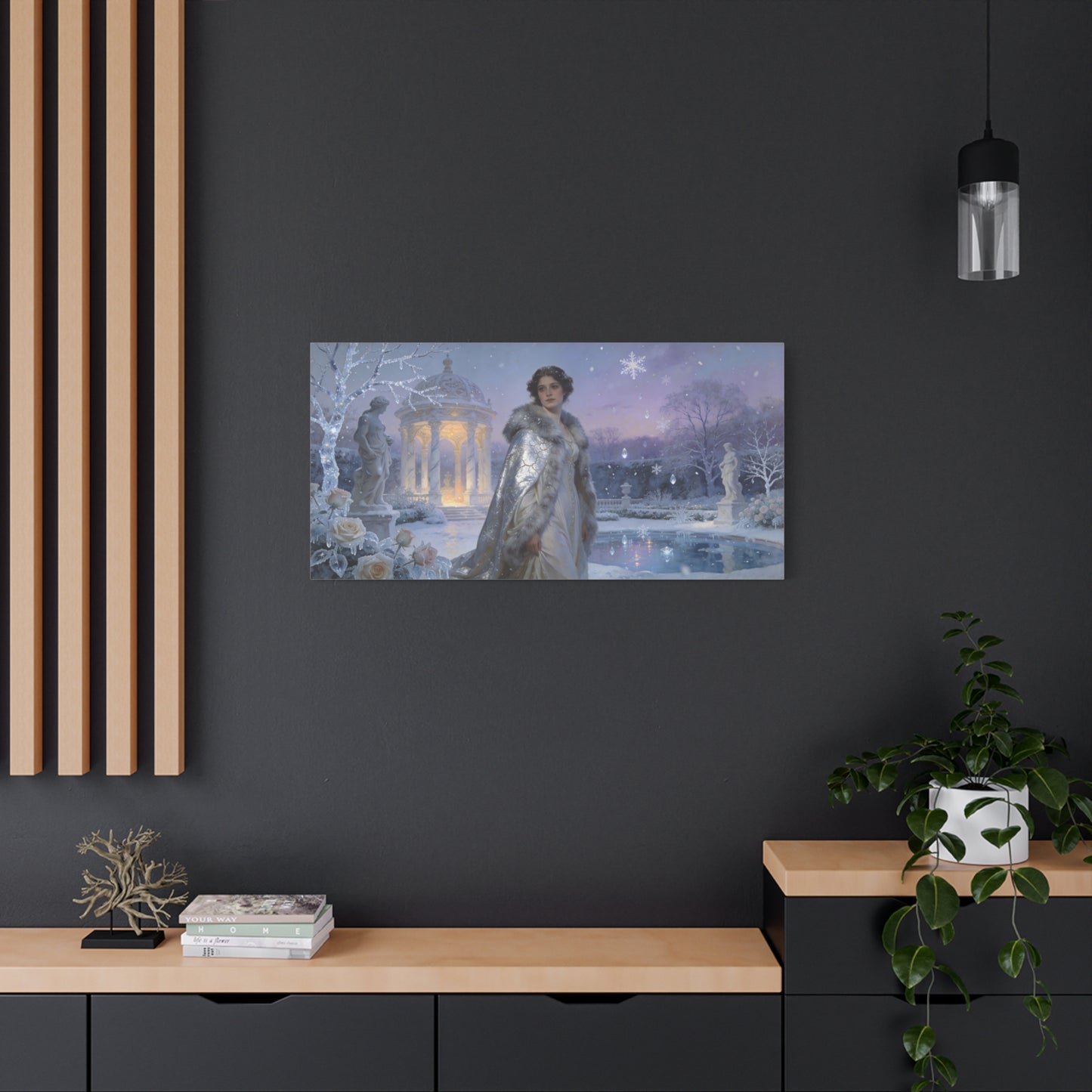 Winter Garden Woman Canvas Wall Art - Snowy Pavilion, Frosted Roses, Classical Statues - Ethereal Traditional Painting - Bedroom Wall Decor, Living Room Home Accent - Bedroom Home Decoration