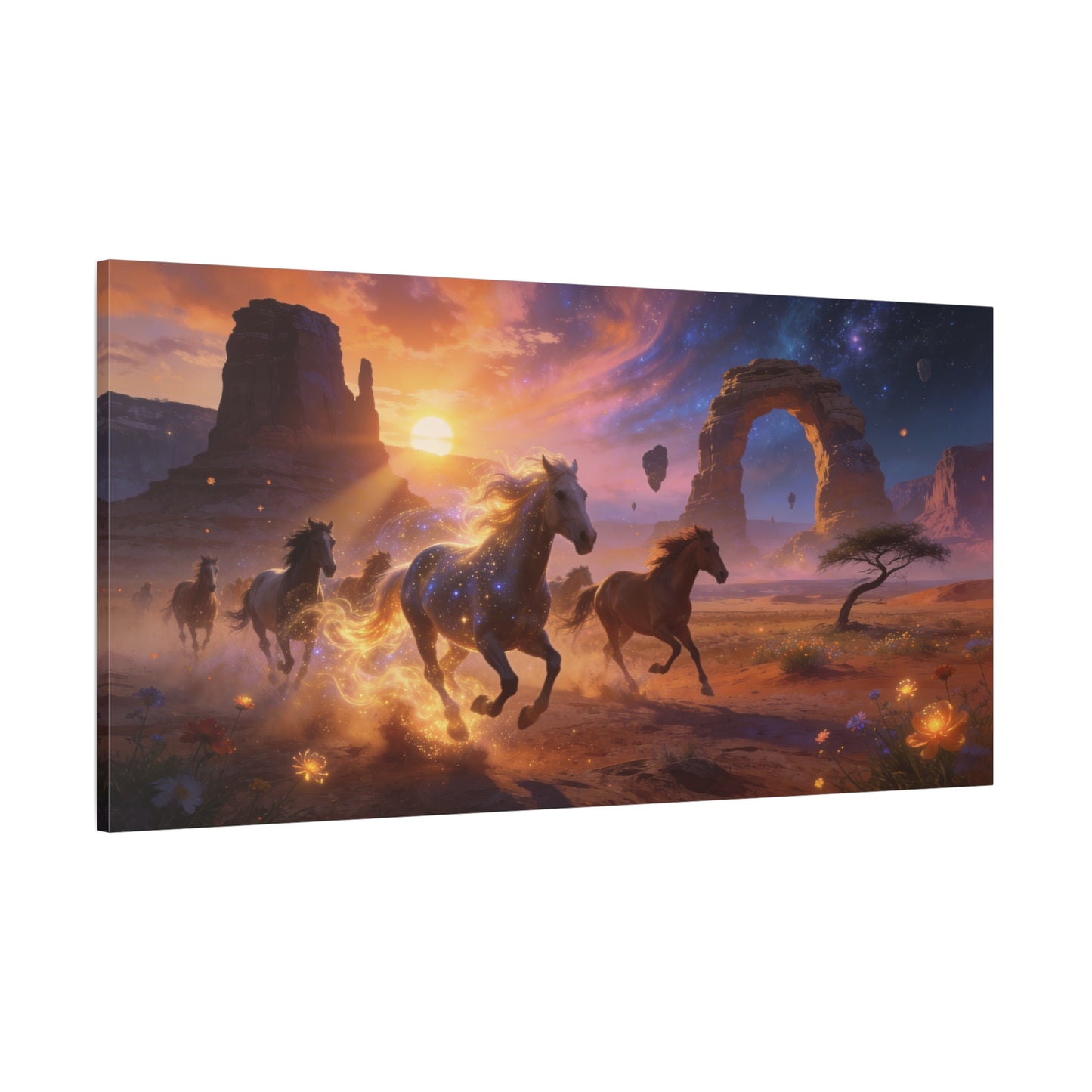 Celestial Wild Horses Canvas Wall Art - Fantasy Desert Arch Sunset, Glowing Galaxy Sky - Matte Cotton Print - Contemporary Landscape Style - Living Room Wall Decor - Bedroom Home Decoration