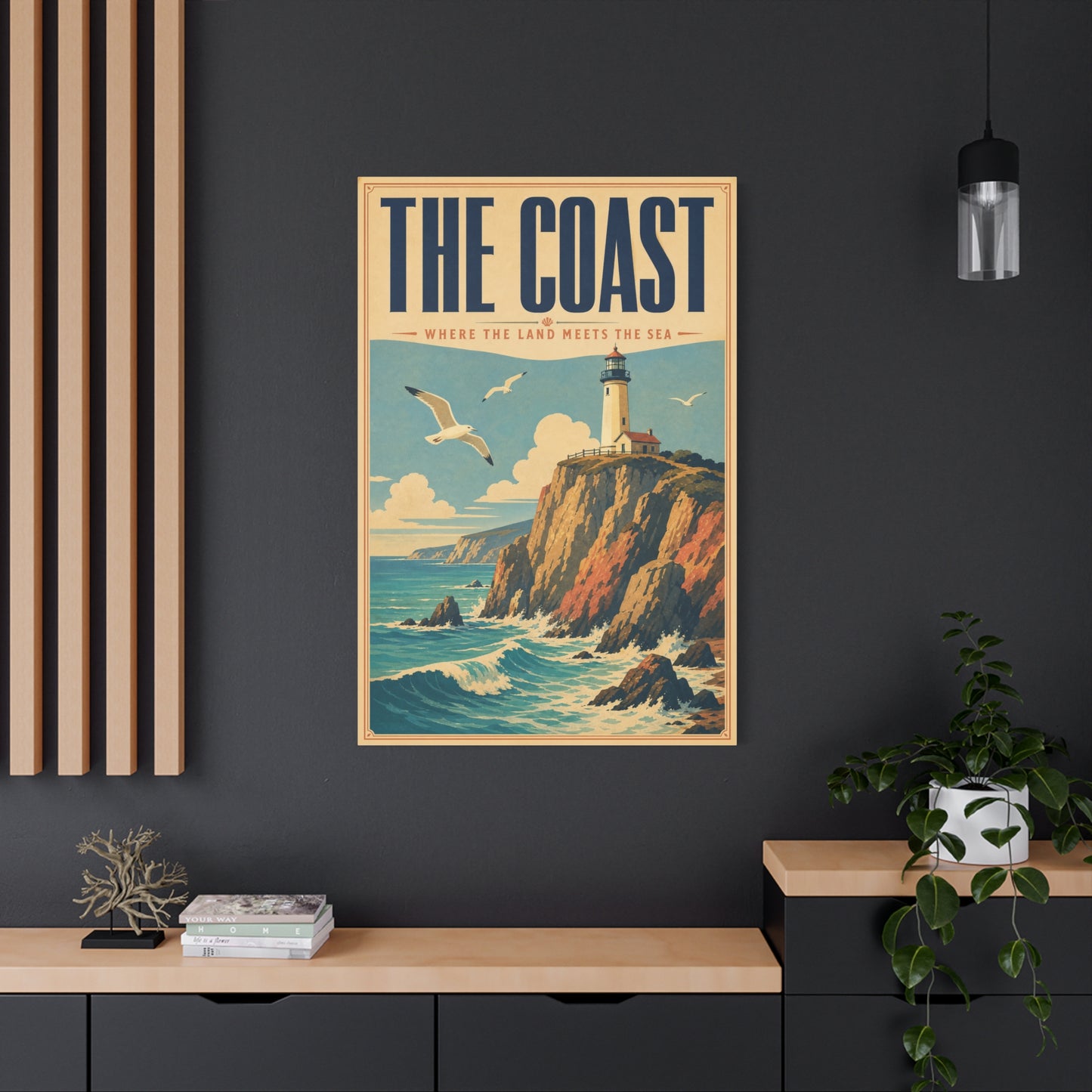"The Coast Where The Land Meets The Sea" Canvas Wall Art - Vintage Lighthouse Seascape, Coastal Cliff Poster Style Print - Nautical Wall Decor, Beach House Living Room Decoration - Ready to Hang
