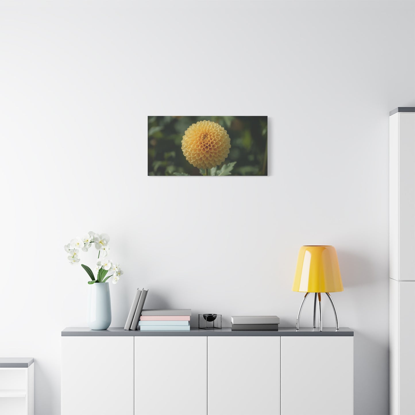 Yellow Dahlia Canvas Wall Art - Botanical Flower Close Up, Soft Focus Garden Art Print - Matte Canvas Print, Contemporary Style - Bedroom Wall Decor, Living Room Accent - Bedroom Home Decoration