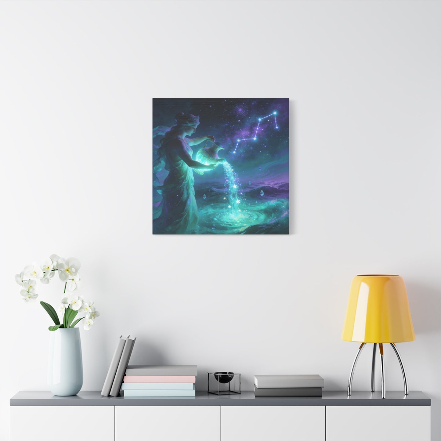 Aquarius Goddess Canvas Wall Art - Zodiac Water Bearer Celestial Galaxy Illustration - Mystical Purple Blue Fantasy Decor - Bedroom Home Decoration, Living Room Wall Decor - Bedroom Home Decoration