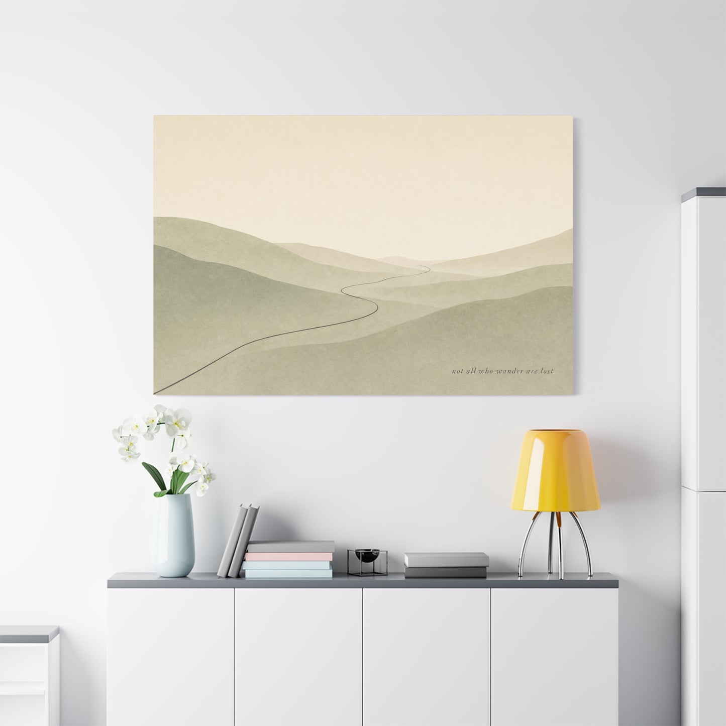 "Not All Who Wander Are Lost" Minimalist Landscape Canvas Wall Art - Misty Hills, Winding Path, Neutral Sage Beige Tones - Modern Wall Decor For Bedroom, Living Room, Home Office - Ready to Hang