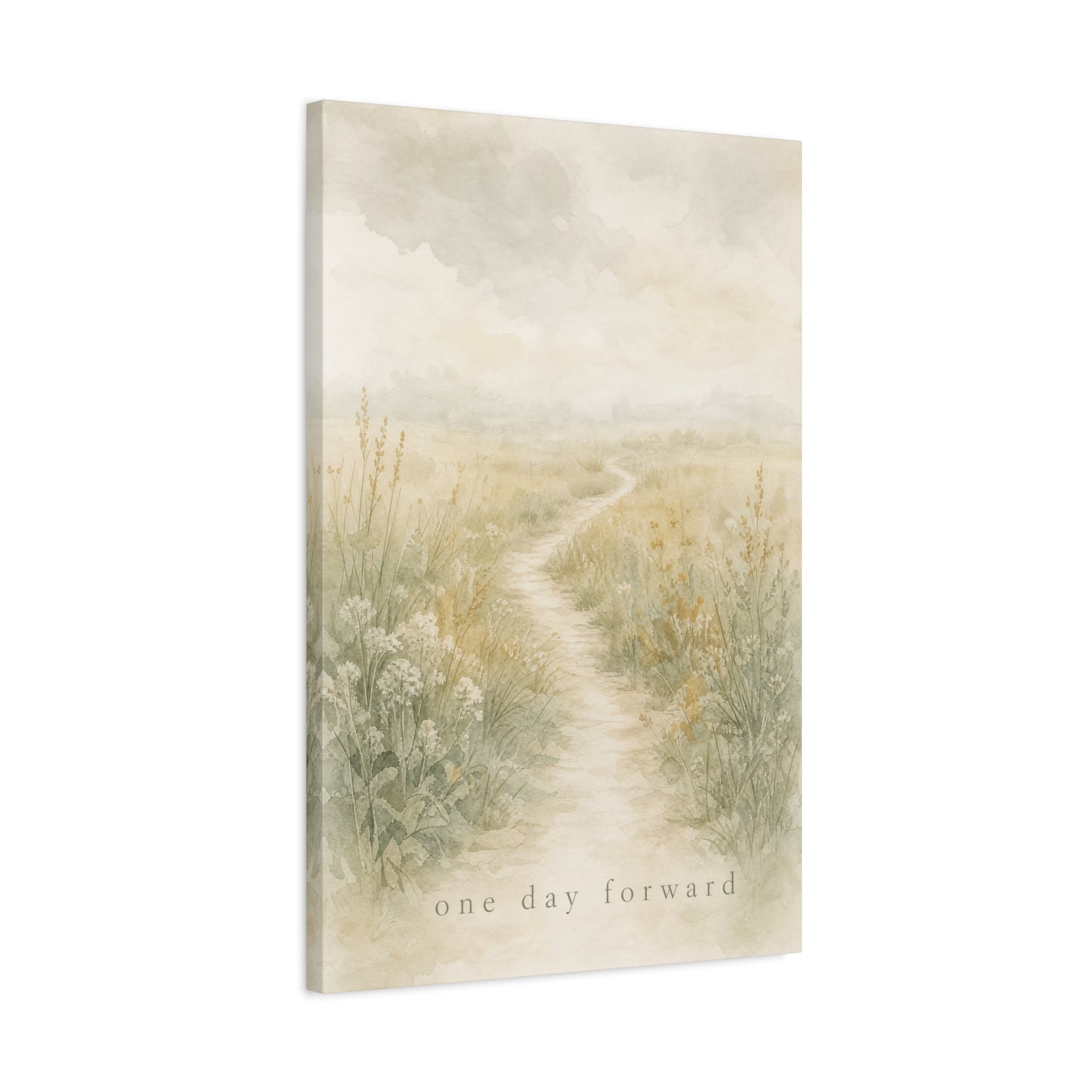 "One Day Forward" Inspirational Canvas Wall Art - Soft Meadow Path Watercolor Print, Neutral Sage Beige Botanical Landscape, Bedroom Wall Decor, Meditation Space Home Decoration - Ready to Hang