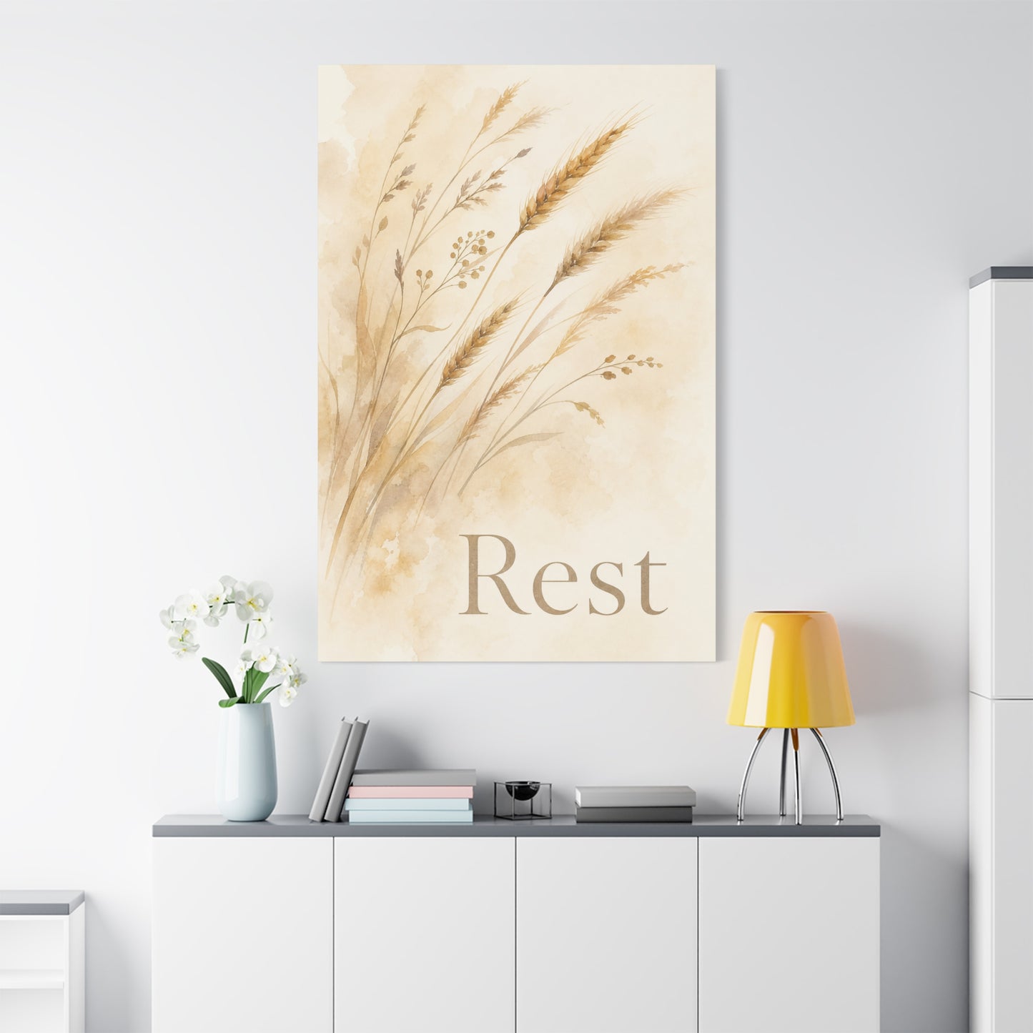 "Rest" Botanical Canvas Wall Art - Neutral Wheat Grass Watercolor Print - Minimalist Beige Farmhouse Decor - Bedroom Wall Hanging - Living Room Home Decoration - Meditation Space Accent