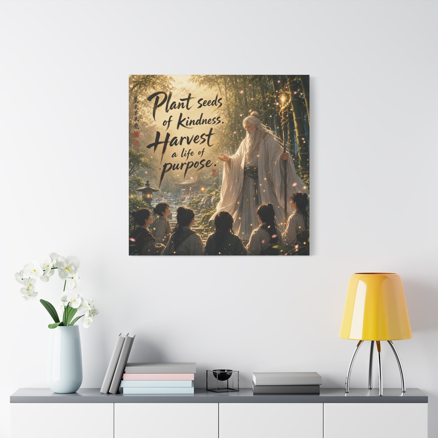 "Plant Seeds Of Kindness. Harvest A Life Of Purpose." Zen Canvas Wall Art - Wise Elder In Bamboo Garden, Inspirational Typography Print - Traditional Style, Bedroom Meditation Decor - Office Wall Art