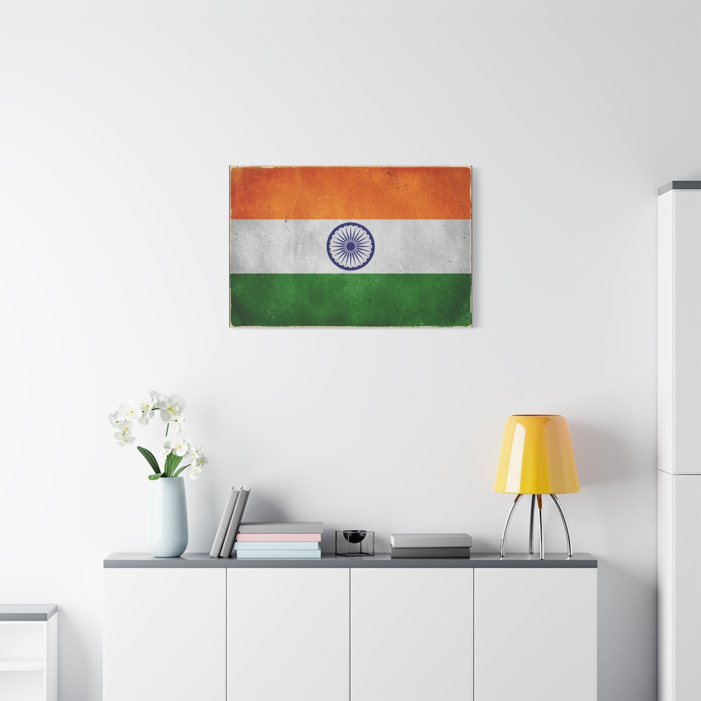 India Flag Canvas Wall Art - Vintage Tricolor Ashoka Chakra Print, Patriotic Textured Artwork - Distressed Saffron White Green Design - Living Room Decor, Office Wall Accent - Bedroom Home Decoration