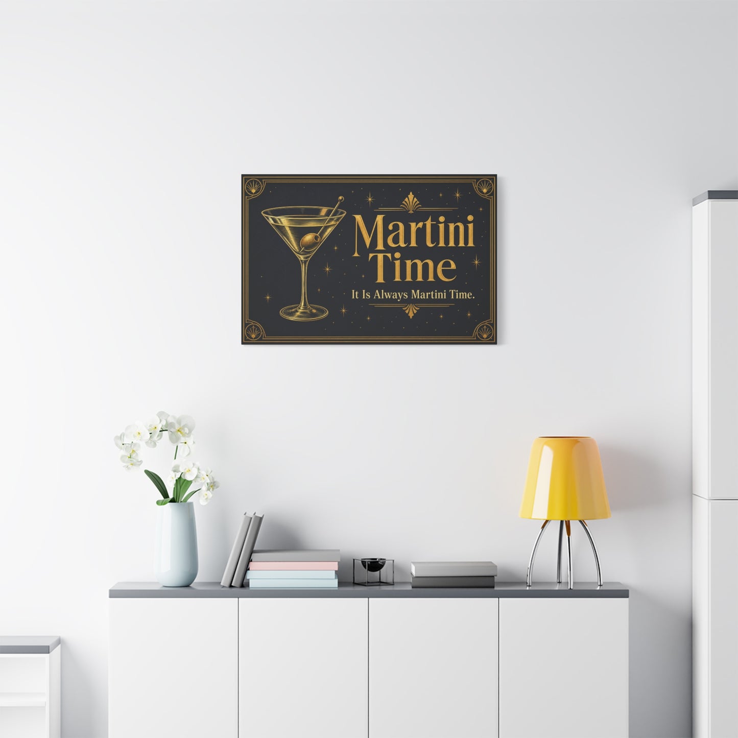 "Martini Time" Cocktail Canvas Wall Art - Art Deco Martini Glass Quote Print, Black And Gold Bar Cart Decor, Vintage Lounge Style - Ready to Hang - Ready to Hang - Tavern Wall Decor - HP Latex Print
