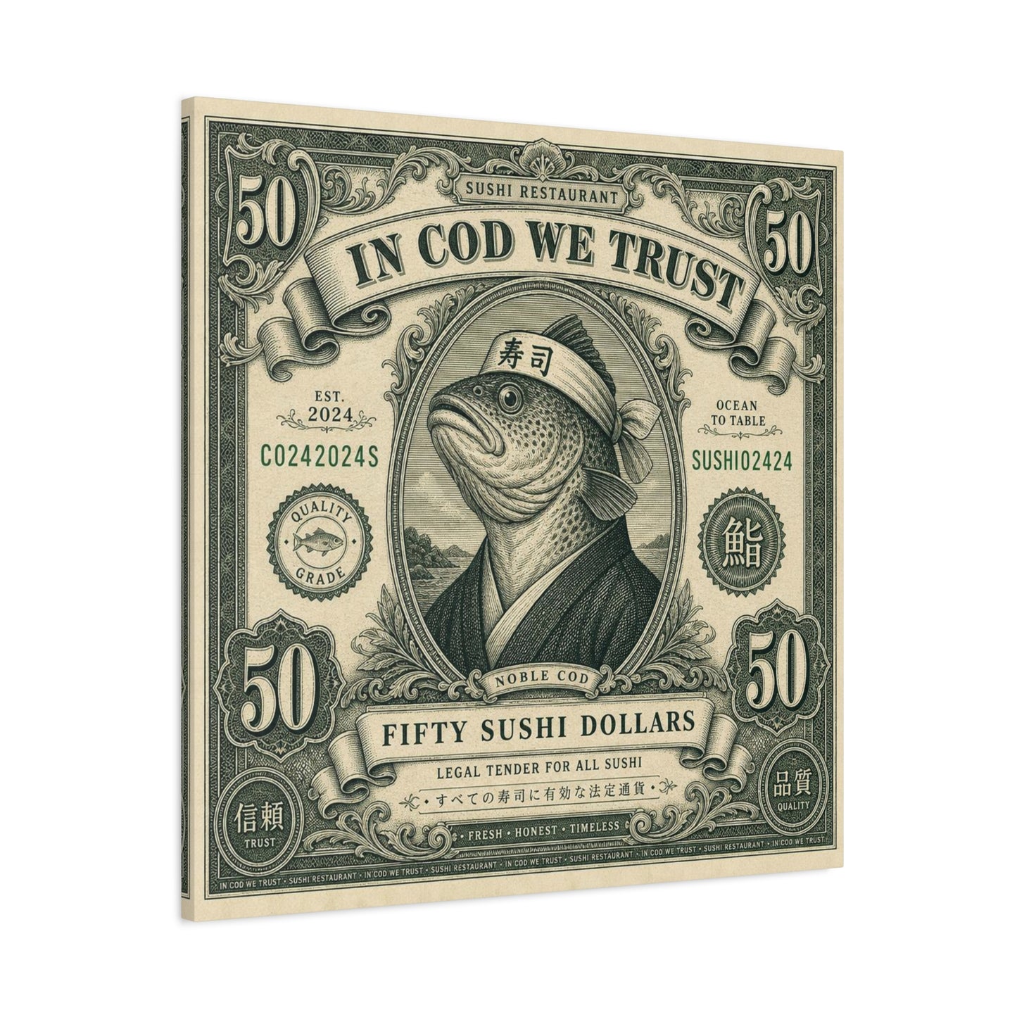 "In Cod We Trust" Sushi Restaurant Canvas Wall Art - Vintage Money Bill Fish Illustration, Typography Poster Style, Cotton Canvas Print, Cafe Decor, Dining Room Accent, Office Art - Ready to Hang