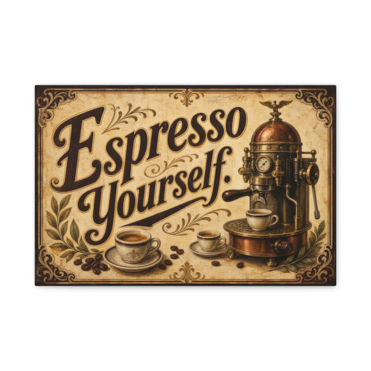 "Espresso Yourself" Coffee Canvas Wall Art - Vintage Espresso Machine Decor - Rustic Cafe Style Matte Print - Ready to Hang - Ready to Hang - Coffee Shop Decor - Cafe Wall Art - Gallery Wrapped Canvas