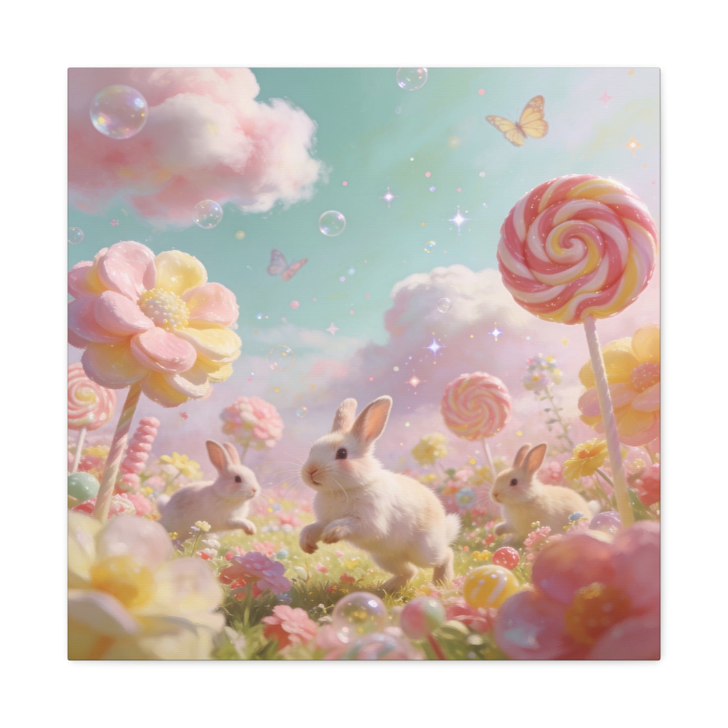 Bunny Candyland Canvas Wall Art - Pastel Rabbit Meadow, Lollipop Flowers, Dreamy Nursery Wall Decor - Whimsical Illustration - Bedroom Home Decoration, Kids Room Accent - Bedroom Home Decoration