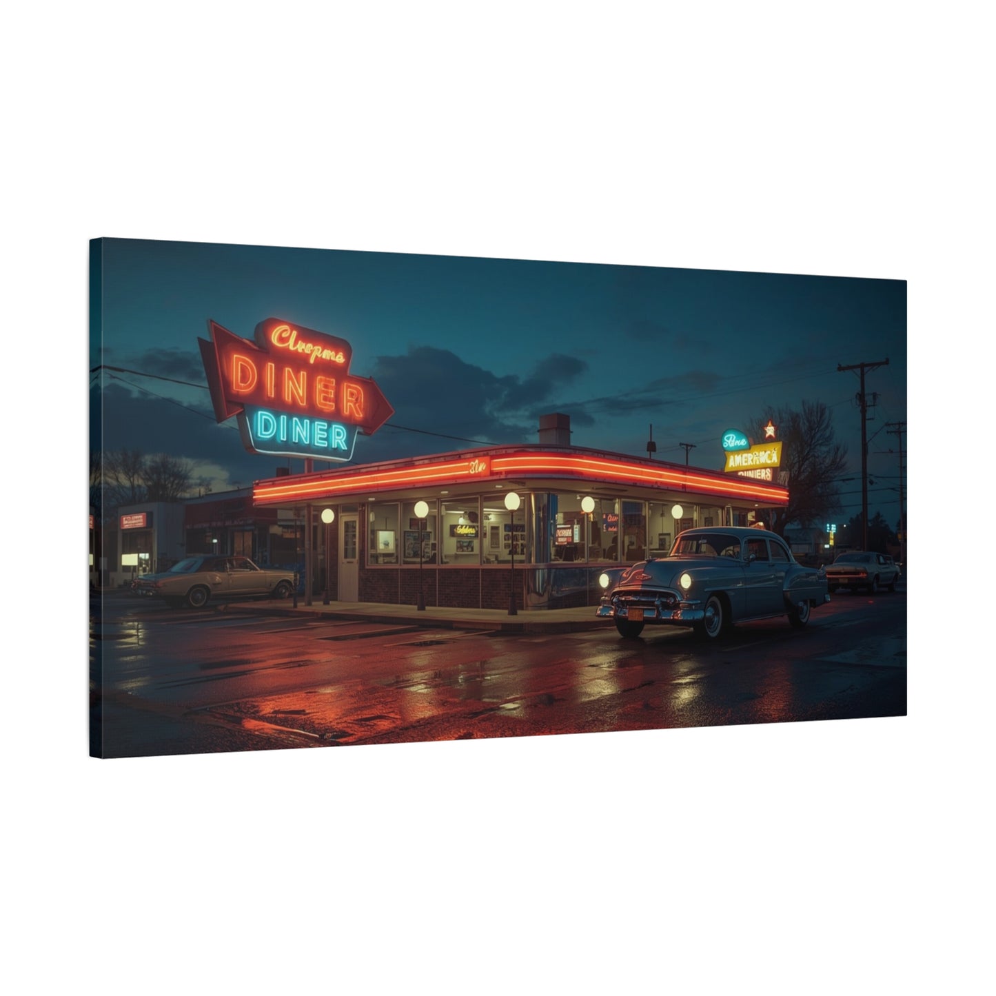 Neon Diner Canvas Wall Art - Retro American Diner Night Scene, Vintage Car Art Print - Moody Blue Glow, Contemporary Style - Living Room Wall Decor, Office Art - Bedroom Home Decoration