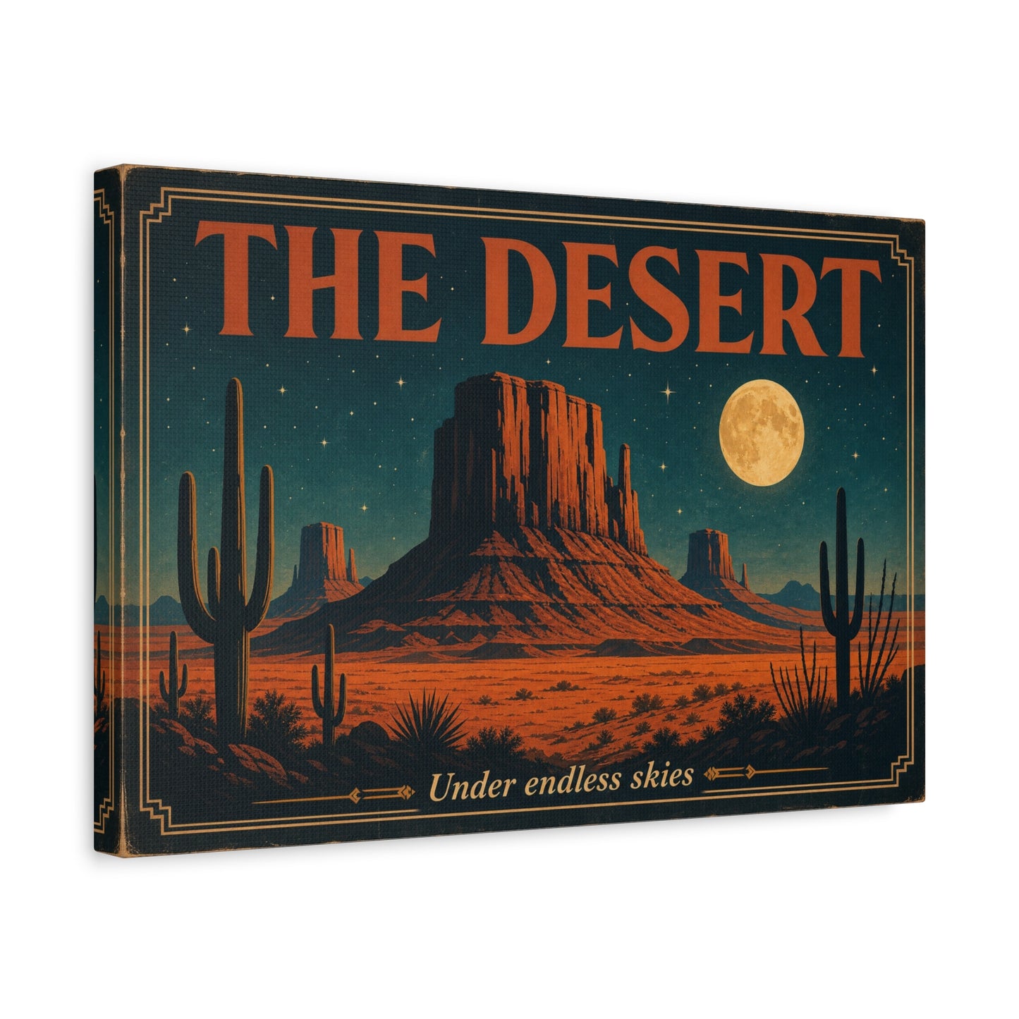 "THE DESERT" Canvas Wall Art - Moonlit Saguaro Desert Mesa Landscape, "Under endless skies" - Vintage Southwest Poster Style, Living Room Wall Decor, Bedroom Home Decoration - Bedroom Home Decoration