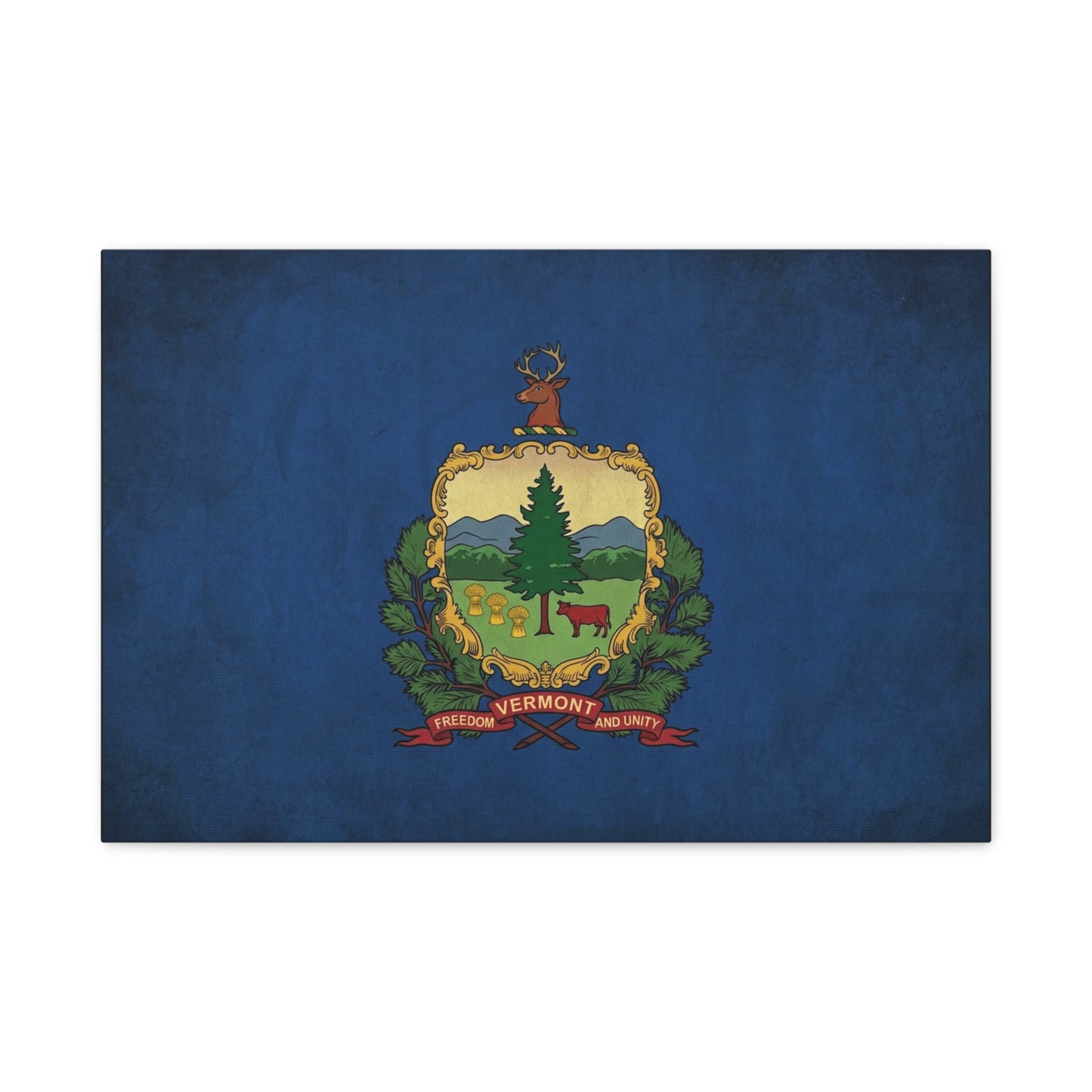 "VERMONT" State Flag Canvas Wall Art - Freedom And Unity Deer Crest Print - Vintage Blue Banner, Rustic Americana Style - Living Room Wall Decor, Office Decoration - Ready to Hang - Ready to Hang
