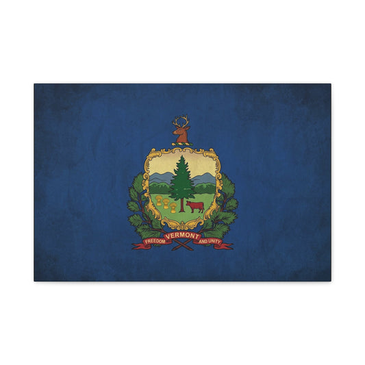 "VERMONT" State Flag Canvas Wall Art - Freedom And Unity Deer Crest Print - Vintage Blue Banner, Rustic Americana Style - Living Room Wall Decor, Office Decoration - Ready to Hang - Ready to Hang