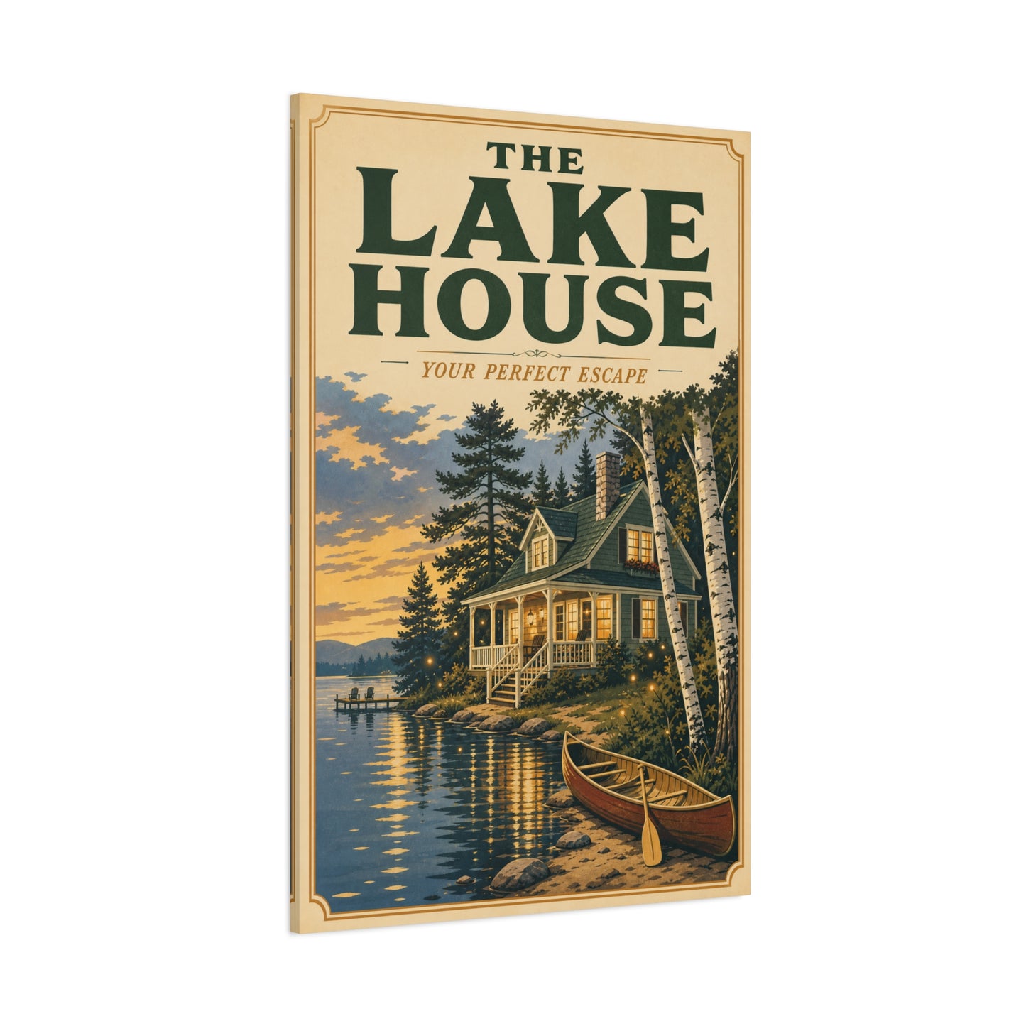 "The Lake House Your ideal Escape" Canvas Wall Art - Vintage Lakeside Cabin, Canoe And Birch Trees - Rustic Landscape Print - Living Room Wall Decor, Cabin Home Decoration - Bedroom Home Decoration
