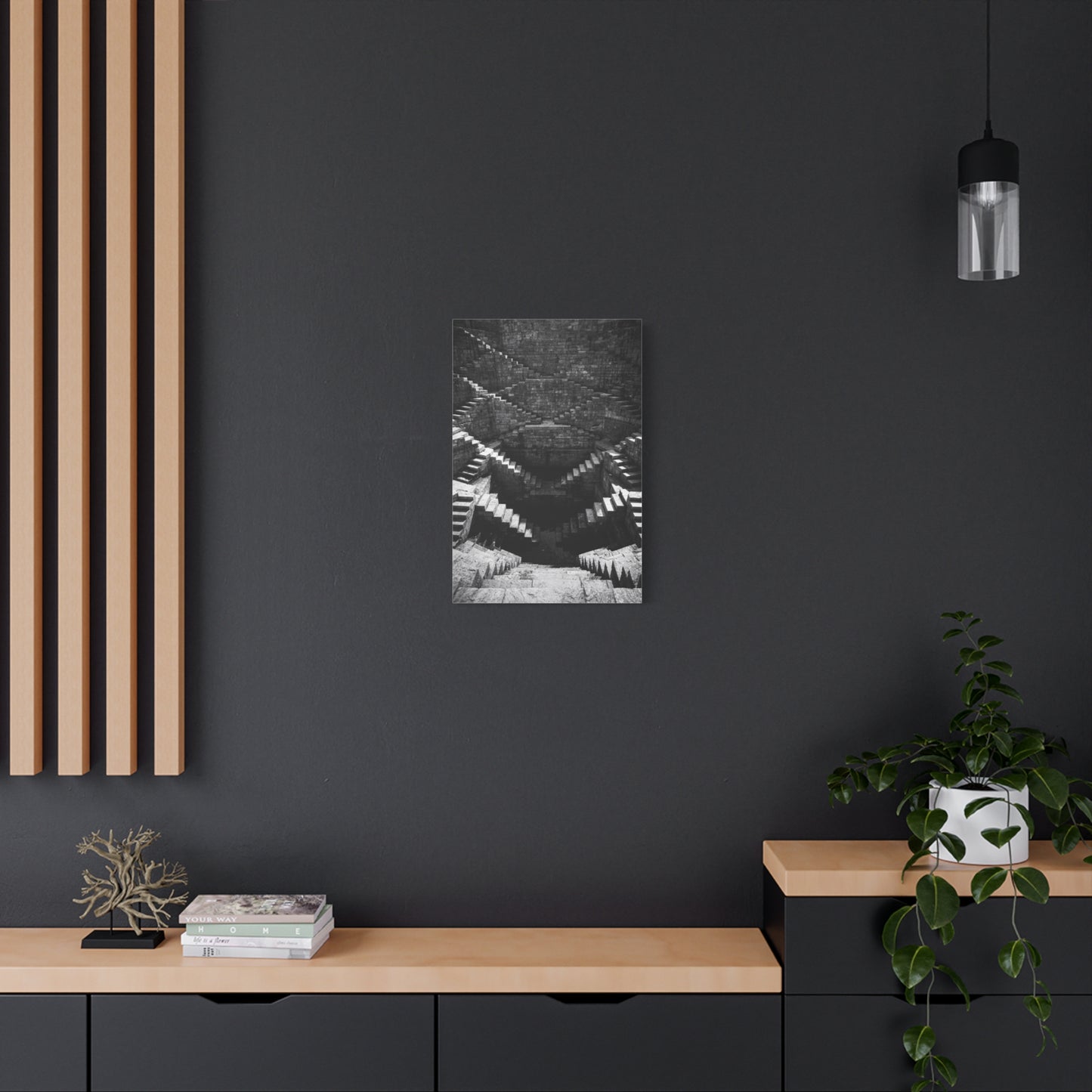 Black And White Stepwell Canvas Wall Art - Architectural Staircase Art Print, Moody Monochrome Stone Geometry - Contemporary Wall Decor For Living Room, Office, Entryway - Ready to Hang