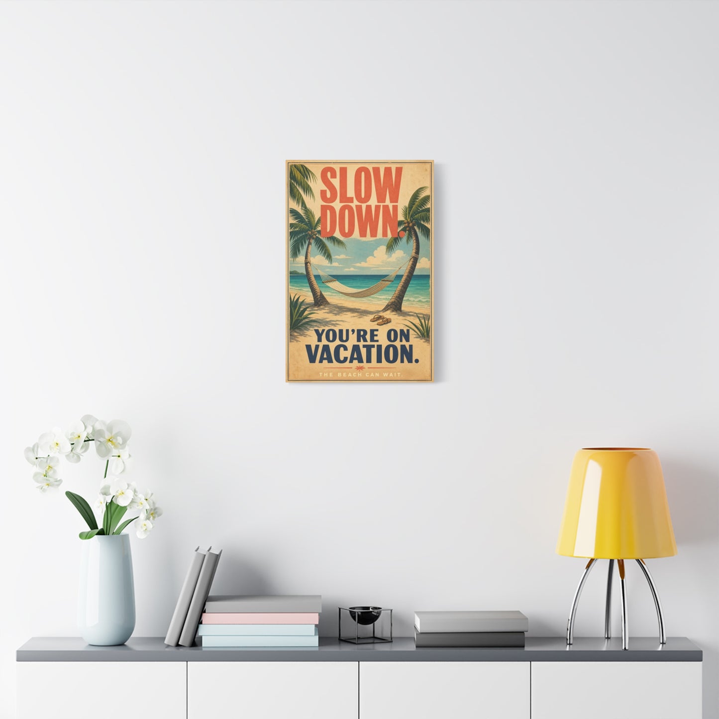 "Slow Down. You're On Vacation. The Beach Can Wait." Beach Canvas Wall Art - Tropical Palm Hammock Coastal Print - Vintage Typography Style - Bedroom Wall Decor, Vacation Rental Accent - Ready to Hang