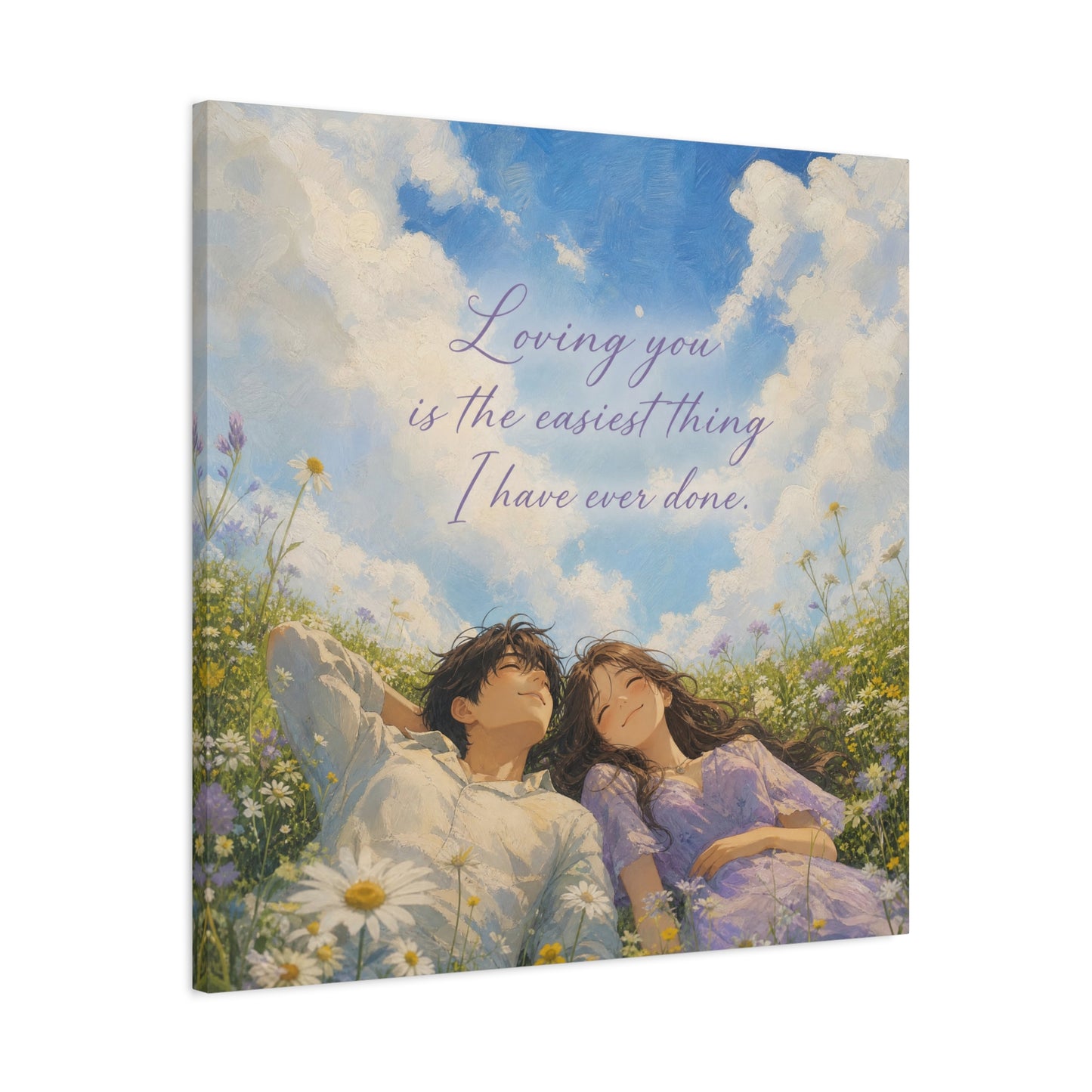 "Loving You Is The Easiest Thing I Have Ever Done." Canvas Wall Art - Romantic Couple In Wildflower Meadow Sky Quote Print - Dreamy Pastel Illustration - Ready to Hang - Living Room Wall Decor