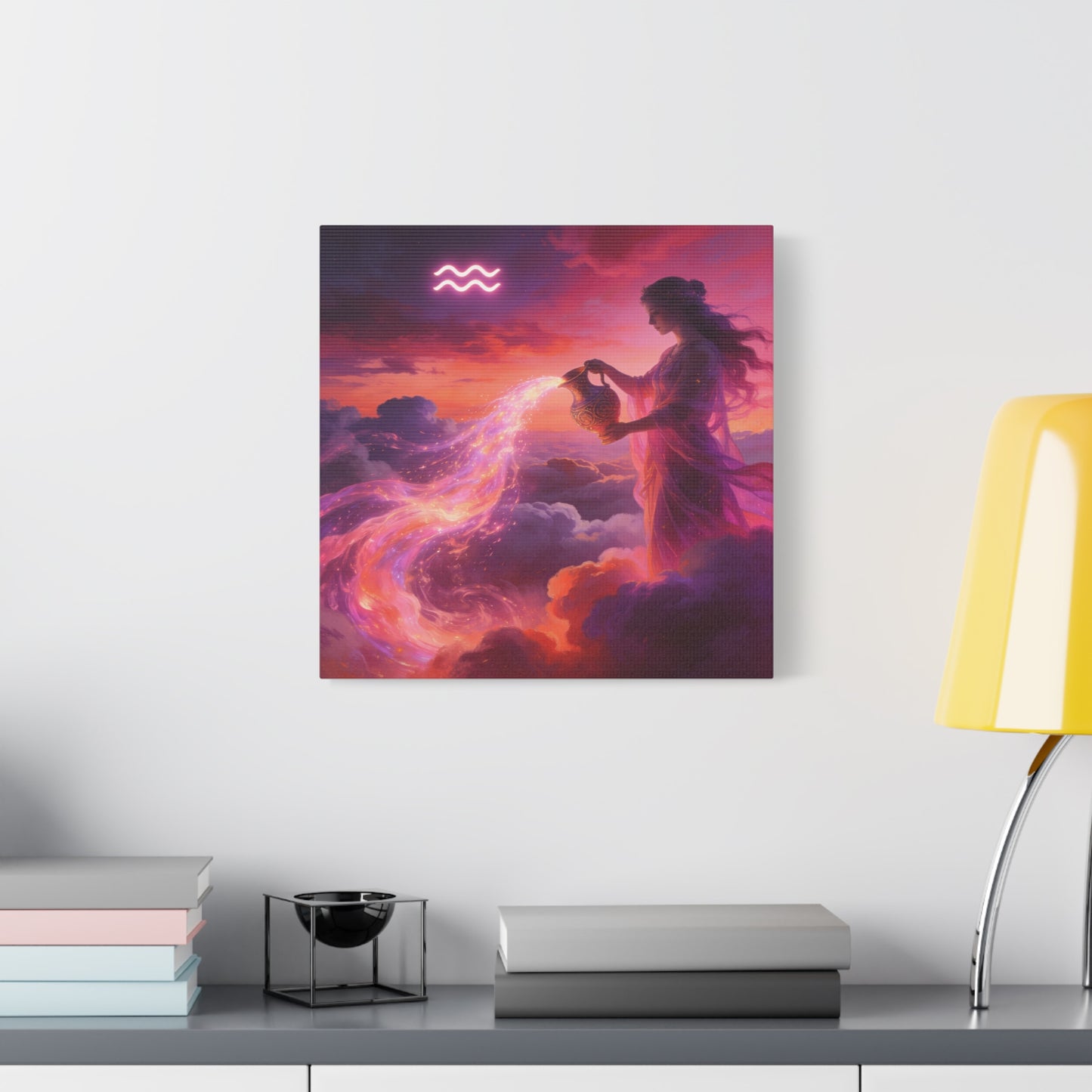 Aquarius Goddess Canvas Wall Art - Zodiac Woman Pouring Celestial Water, Fantasy Sky Illustration - Pink Purple Matte Canvas Print - Bedroom Wall Decor, Bohemian Home Accent - Bedroom Home Decoration