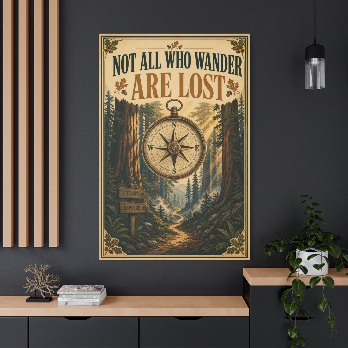 "Not All Who Wander Are Lost" Canvas Wall Art - Forest Compass Quote Print, Vintage Rustic Adventure Decor, Wanderlust Typography Poster Style, Living Room Bedroom Office - Living Room Wall Decor