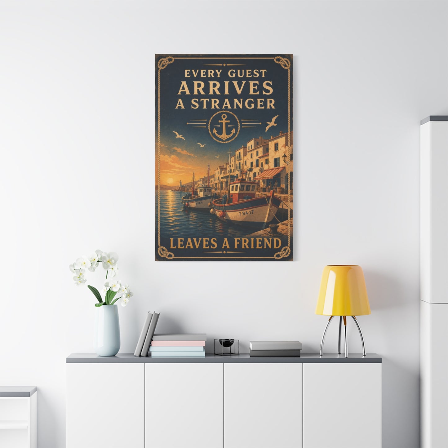 "Every Guest Arrives A Stranger Leaves A Friend" Nautical Canvas Wall Art - Vintage Harbor Sunset, Coastal Typography Print, Anchor Sailor Decor, Living Room Wall Decor - Bedroom Home Decoration
