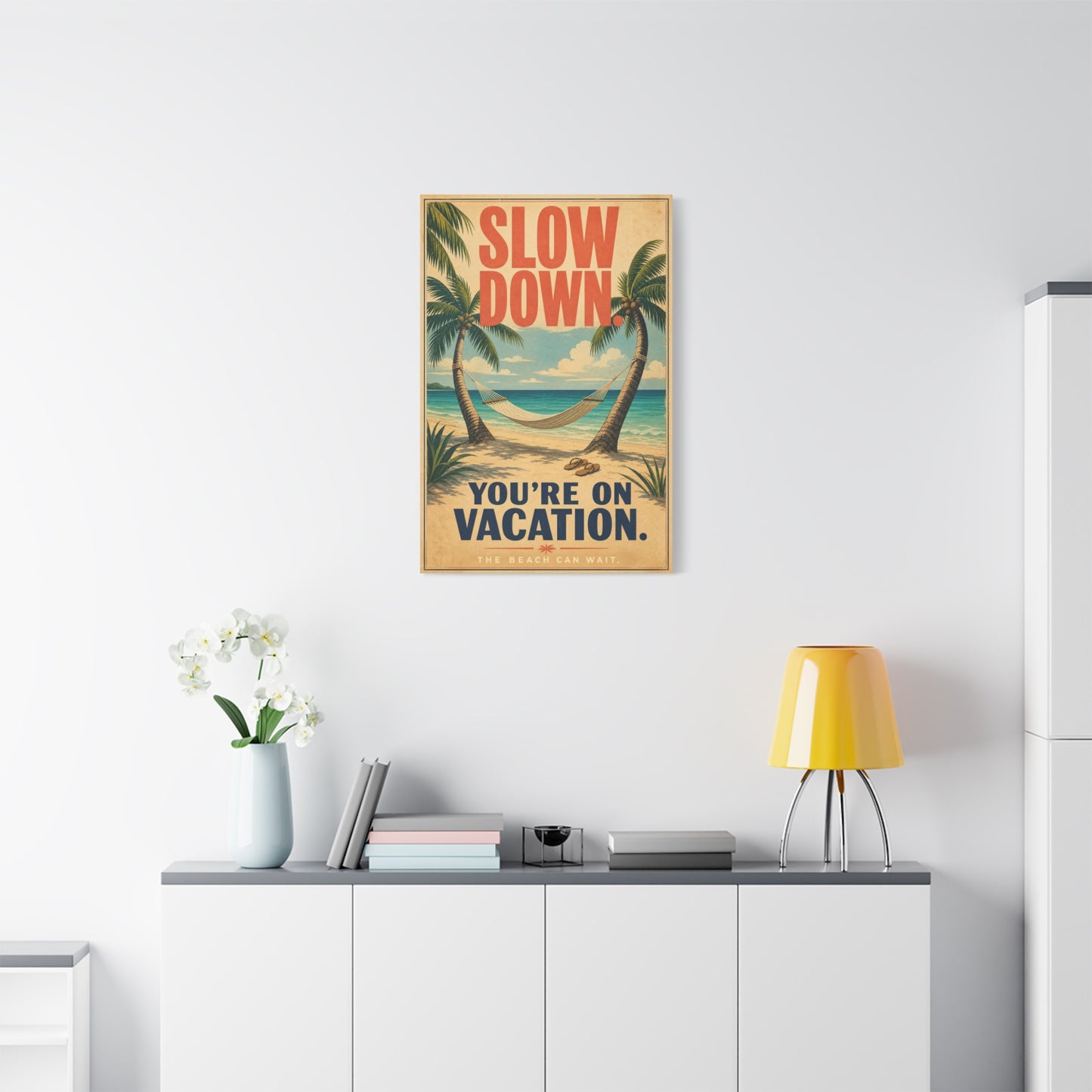 "Slow Down. You're On Vacation. The Beach Can Wait." Beach Canvas Wall Art - Tropical Palm Hammock Coastal Print - Vintage Typography Style - Bedroom Wall Decor, Vacation Rental Accent - Ready to Hang
