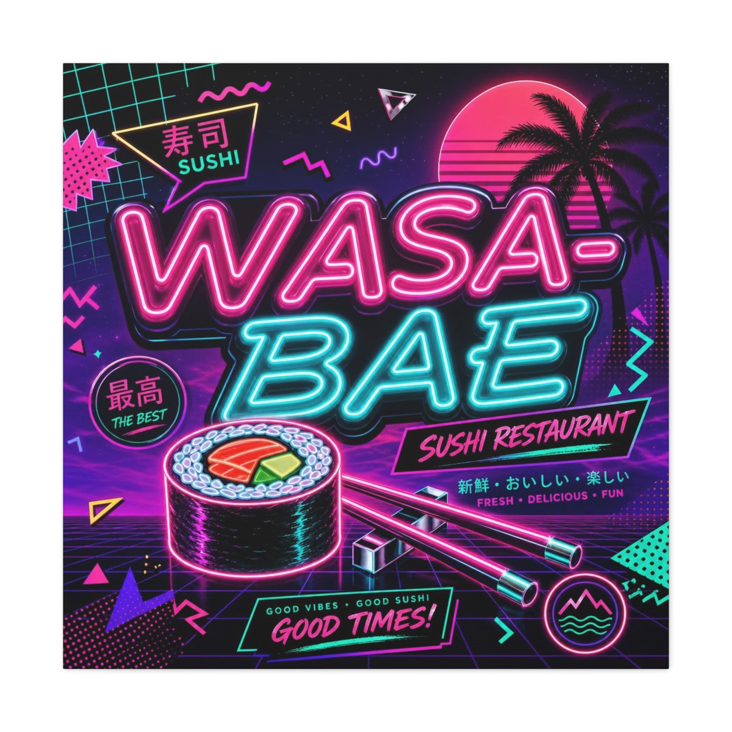 "WASA-BAE" Sushi Canvas Print - Neon Japanese Restaurant Sign, Retro Vaporwave Illustration - Matte Cotton Decor, Cafe Wall Accent, Dining Space Artwork, Lounge Interior Style - Office Wall Art
