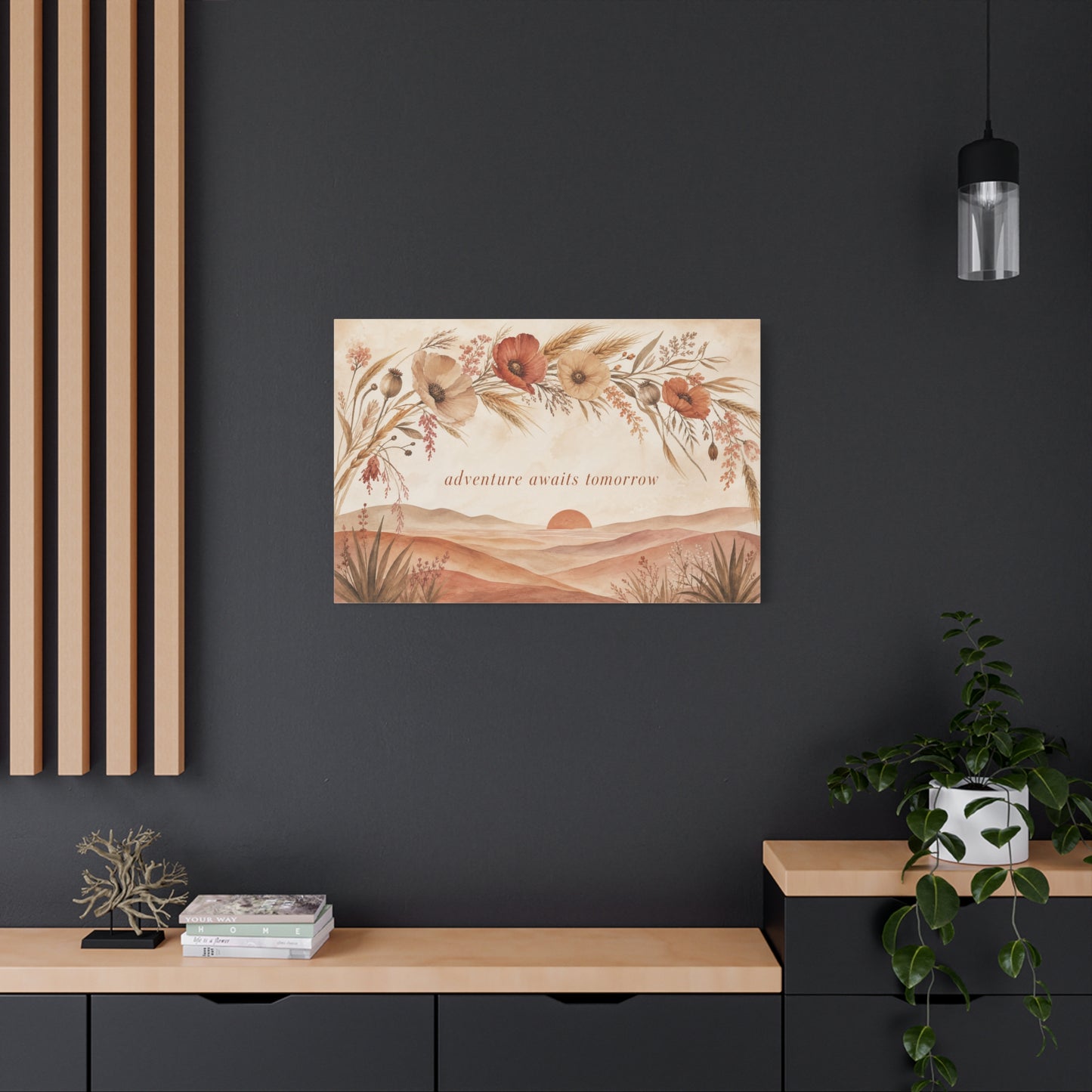 "Adventure Awaits Tomorrow" Poppy Flower Canvas Wall Art - Boho Botanical Desert Sunset Quote Print - Warm Neutral Watercolor Landscape - Bedroom Wall Decor, Living Room Home Accent - Ready to Hang