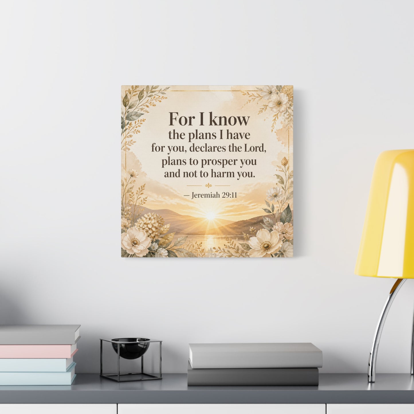 "For I Know The Plans I Have For You" Bible Verse Canvas Wall Art - Jeremiah 29:11 Floral Scripture Print, Gold Sunrise Landscape, Christian Wall Decor For Bedroom, Living Room - Ready to Hang