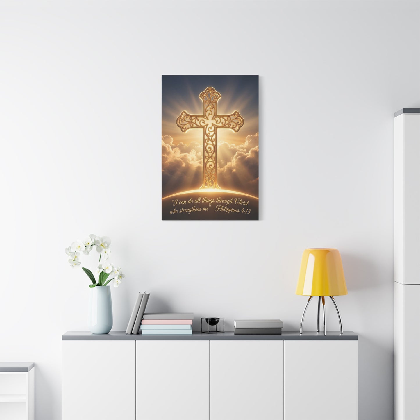"I Can Do All Things Through Christ Who Strengthens Me" Cross Canvas Wall Art - Philippians 4:13 Scripture Decor, Golden Clouds Christian Wall Hanging, Bedroom Living Room - Bedroom Home Decoration