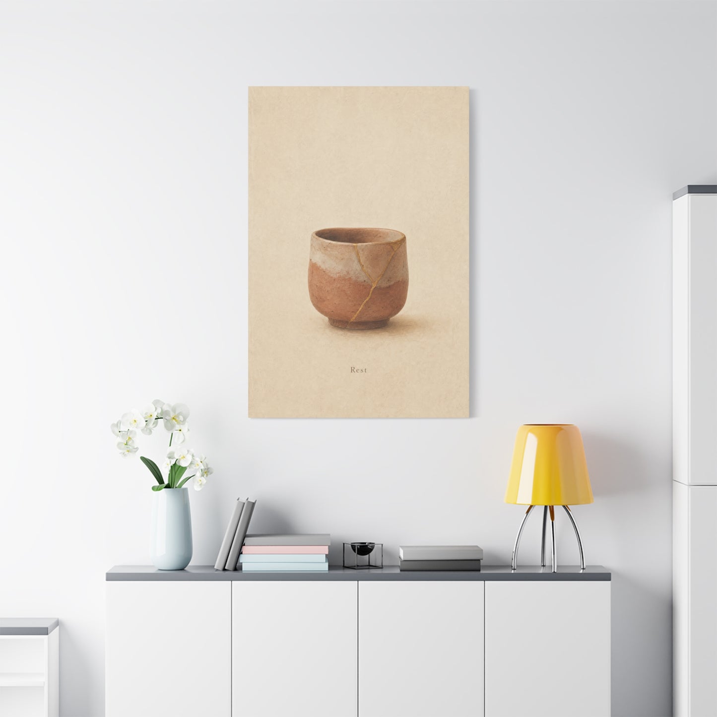 "Rest" Kintsugi Pot Canvas Wall Art - Minimalist Still Life Ceramic Vessel Print - Neutral Beige Brown Japanese Inspired Decor - Bedroom Meditation Space Living Room Home Accent - Office Wall Art