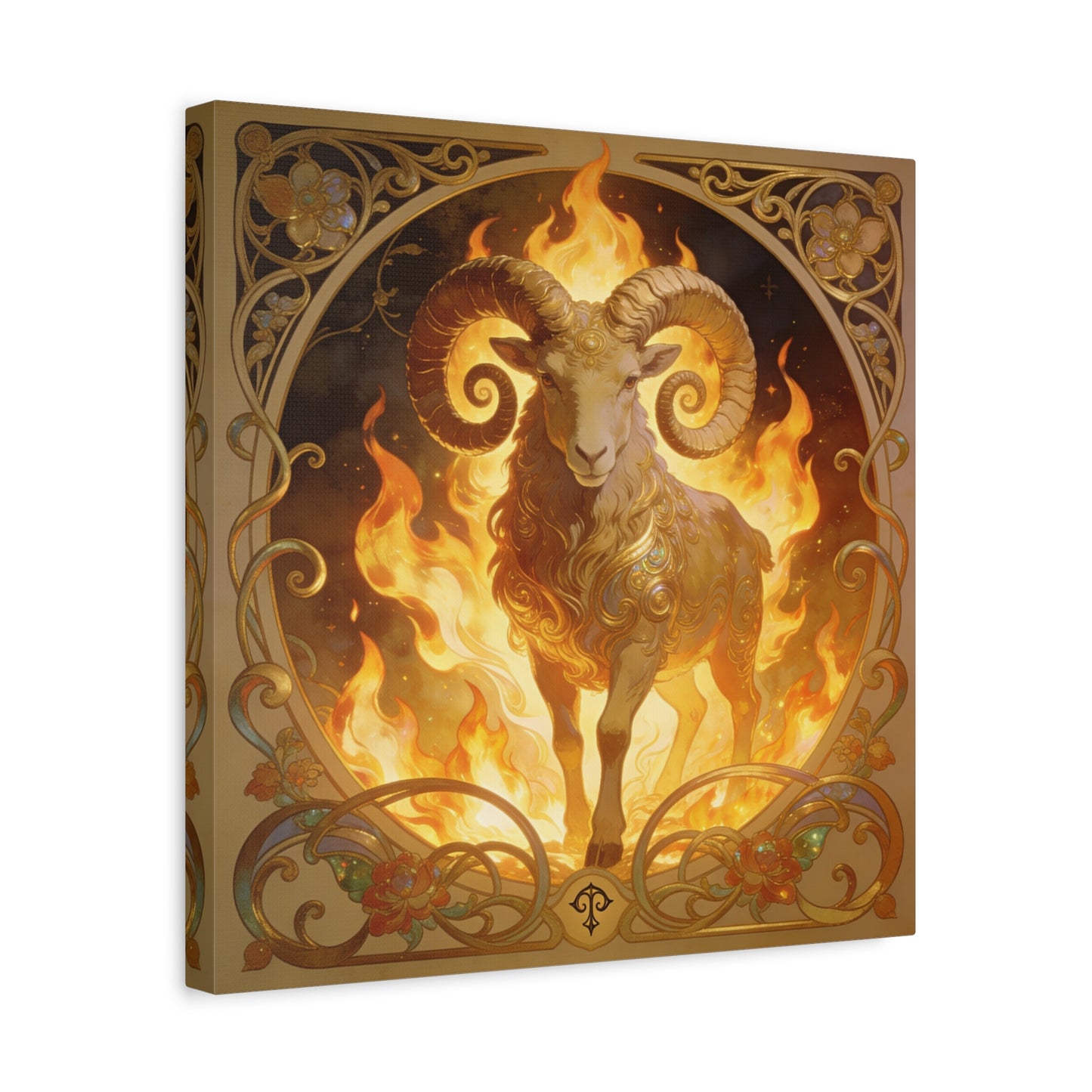 Aries Ram Canvas Wall Art - Fiery Zodiac Illustration, Ornate Gold Nouveau Design - Matte Cotton Art Print - Bohemian Astrology Decor, Bedroom Home Decoration, Office Wall Art - Modern Farmhouse Style