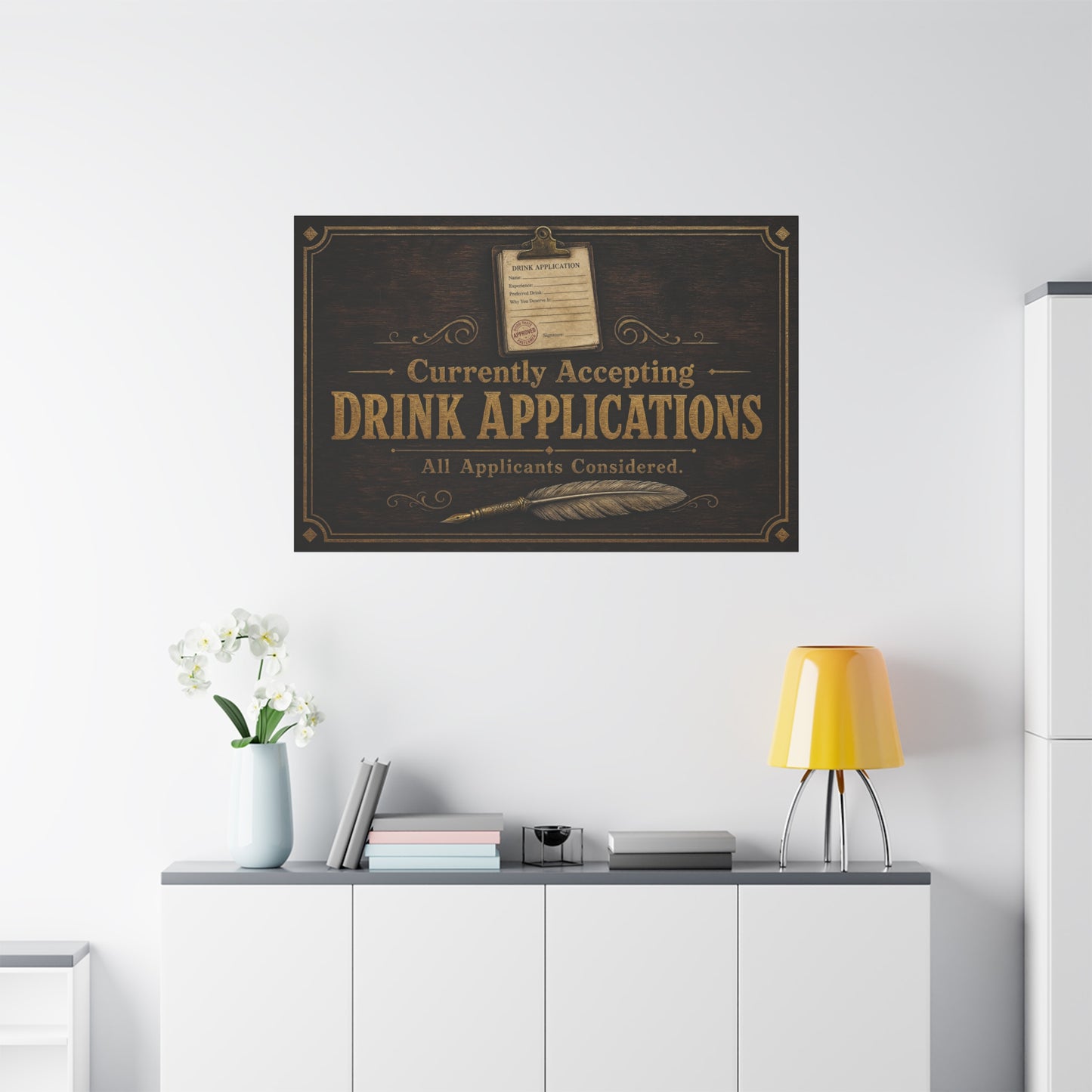 "Currently Accepting Drink Applications" Funny Canvas Wall Art - Vintage Bar Sign Quote, Rustic Brown Typography Decor - Humorous Pub Wall Hanging - Cocktail Lounge Decor - Speakeasy Style Sign