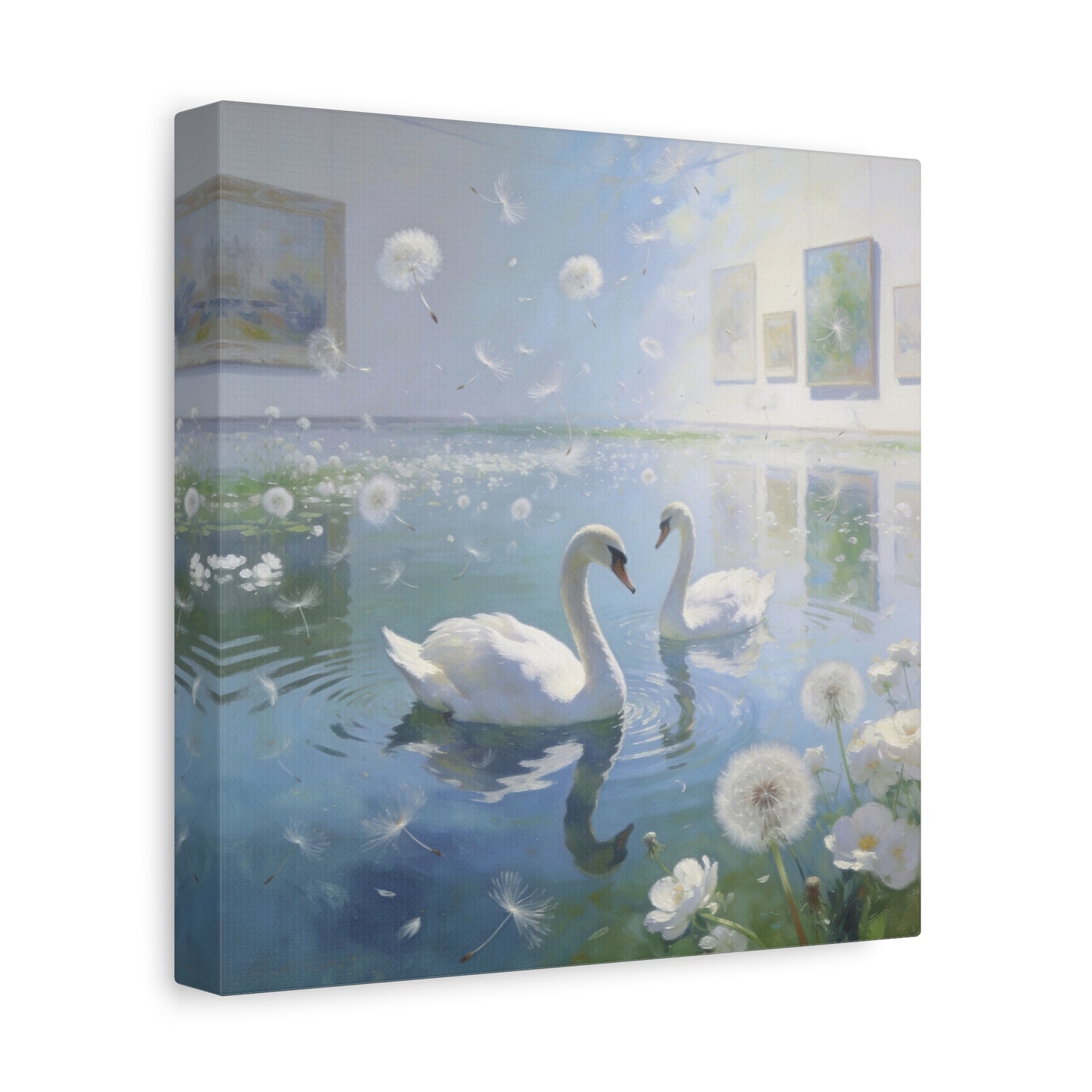 White Swan Canvas Wall Art - Serene Pond With Dandelion Seeds, Soft Blue Water Reflection - Dreamy Traditional Style - Living Room Wall Decor, Bedroom Home Decoration, Office Art - Ready to Hang