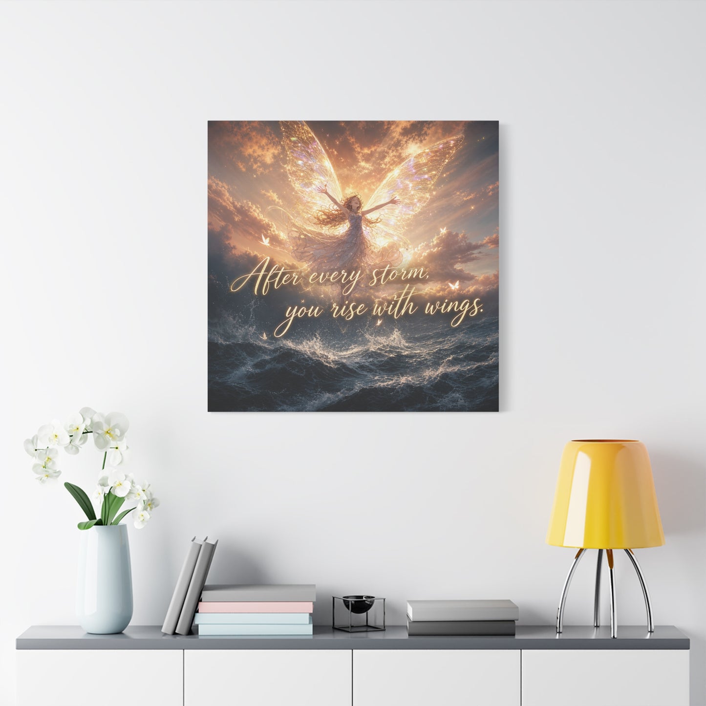 "After Every Storm, You Rise With Wings." Fairy Canvas Wall Art - Inspirational Ocean Sky Quote Print - Golden Ethereal Fantasy Decor - Bedroom Wall Hanging, Living Room Accent - Ready to Hang