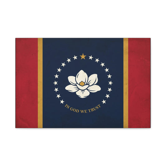 "In God We Trust" Mississippi State Flag Canvas Wall Art - Magnolia Emblem, Vintage Patriotic Decor - Rustic Americana Style - Living Room Wall Decor - Ready to Hang - Bedroom Home Decoration