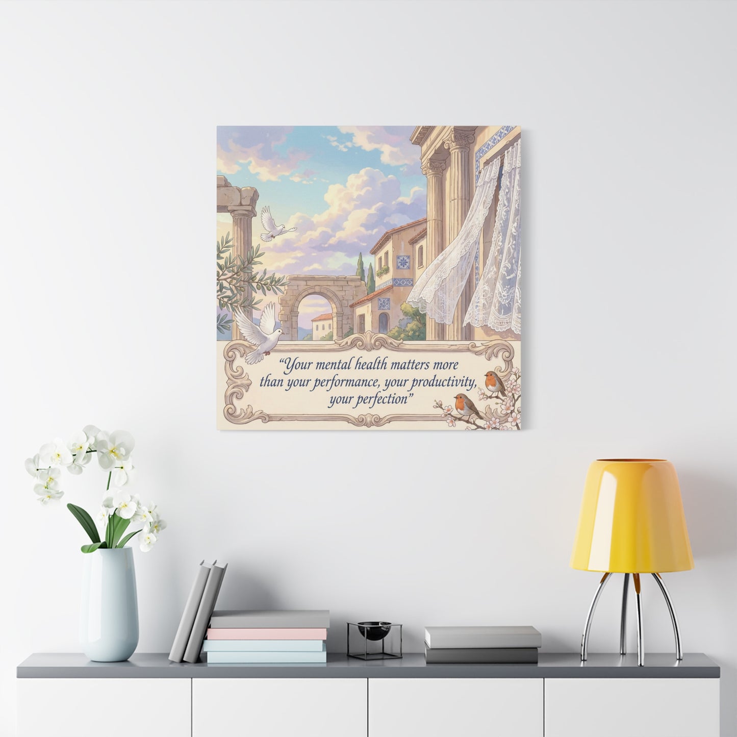"Your Mental Health Matters More Than Your Performance, Productivity, Perfection" Canvas Wall Art - Dove Courtyard Quote Print - Pastel Mediterranean Decor - Bedroom Office Wall Hanging
