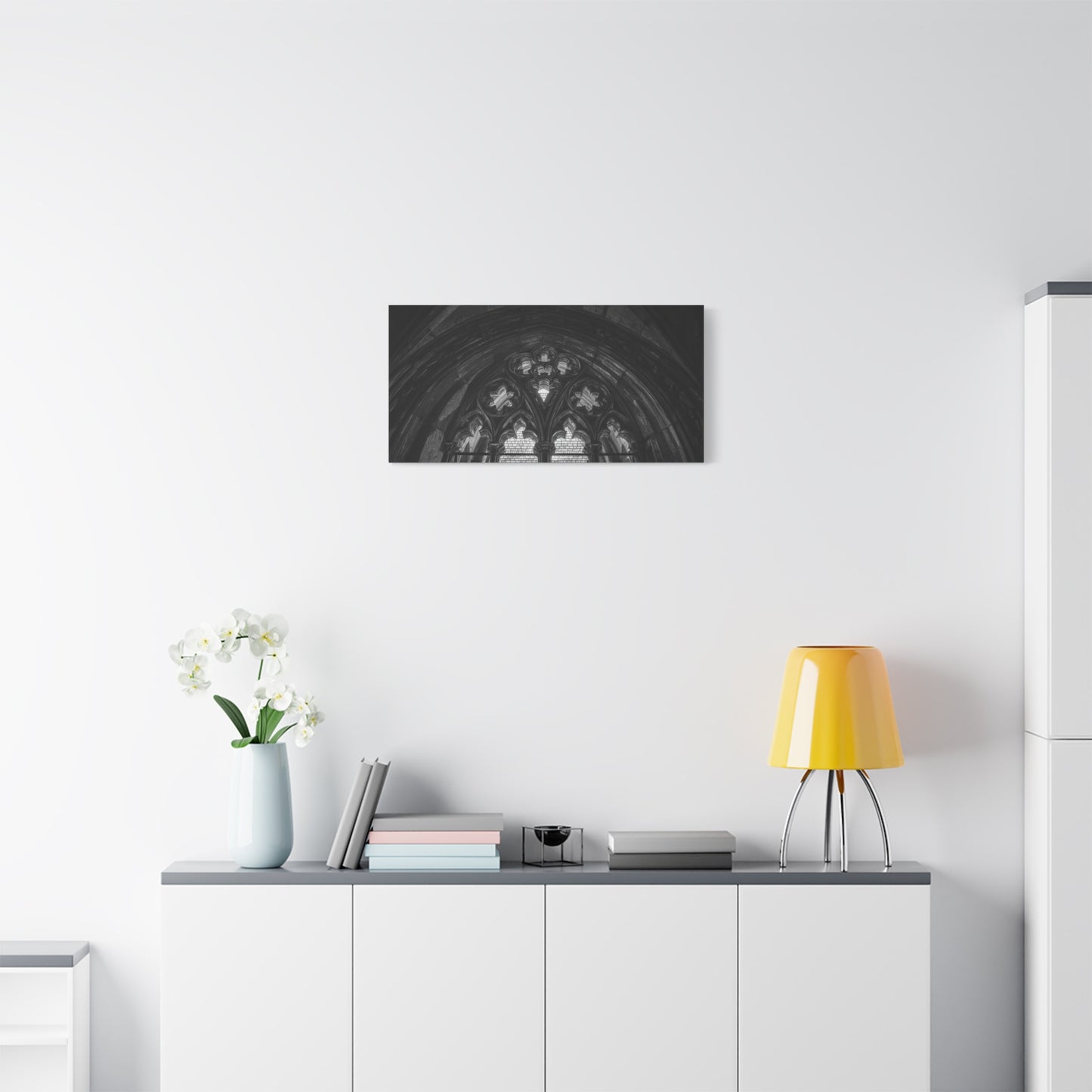 Gothic Cathedral Arch Canvas Wall Art - Black And White Architectural Art Print - Moody Stone Tracery, Matte Finish - Living Room Wall Decor, Office Art Accent - Bedroom Home Decoration