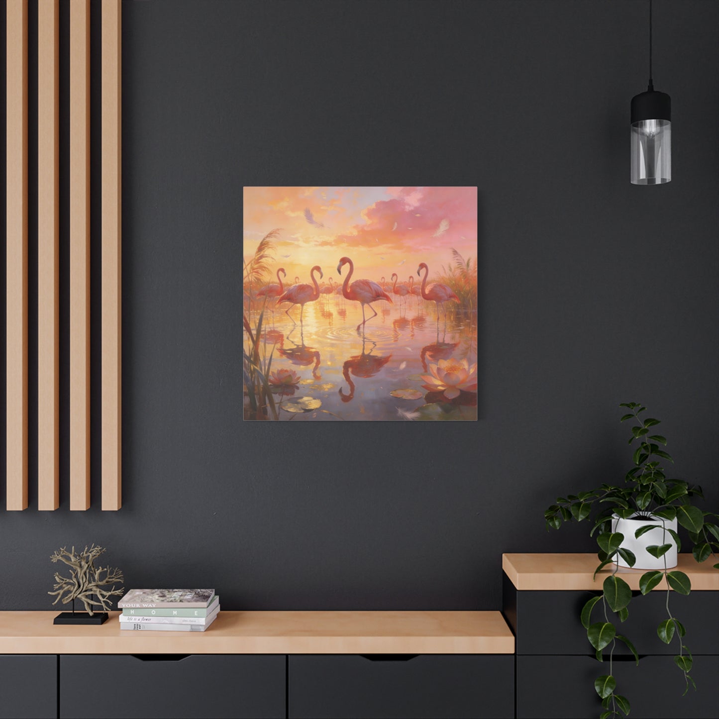 Pink Flamingo Canvas Wall Art - Sunset Wetland Birds, Lotus Pond Reflections - Dreamy Tropical Illustration, Matte Canvas Print - Living Room Wall Decor, Bedroom Home Decoration - Ready to Hang