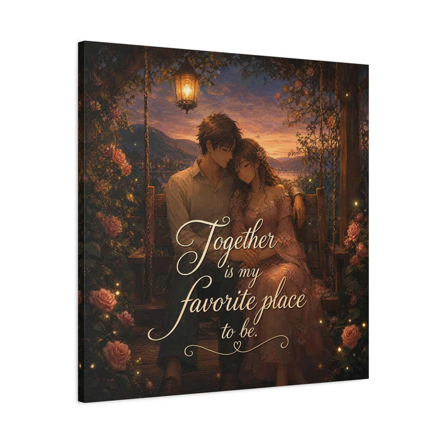 "Together Is My Favorite Place To Be" Romantic Couple Canvas Wall Art - Lantern Swing Sunset Lake Scene, Floral Garden Love Quote Print - Vintage Bedroom Decor - Office Wall Art - Ready to Hang