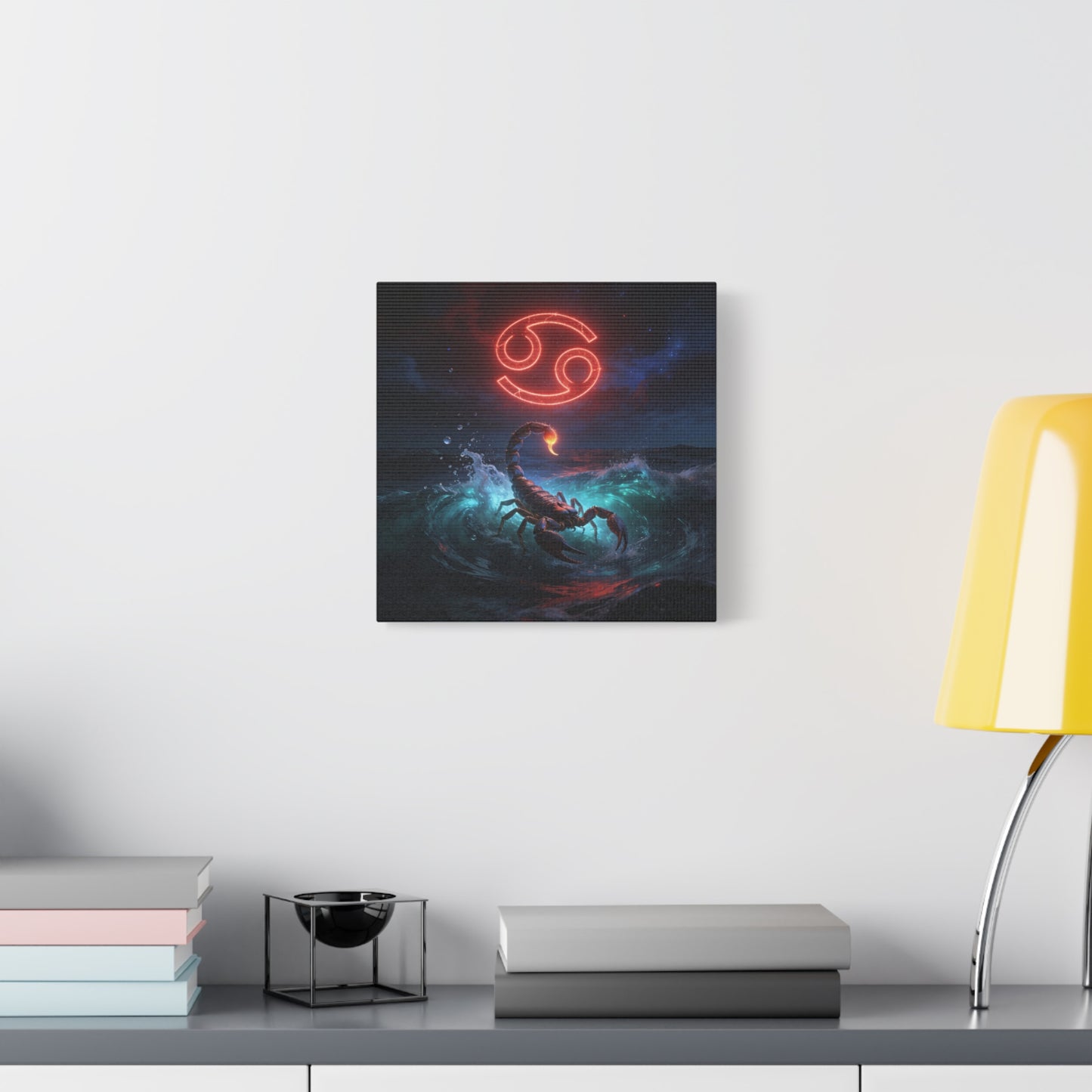 Cancer Zodiac Canvas Wall Art - Neon Crab Ocean Astrology Print, Celestial Night Seascape, Matte Canvas Decor, Bedroom Home Decoration, Living Room Wall Decor, Modern Space Style - Ready to Hang