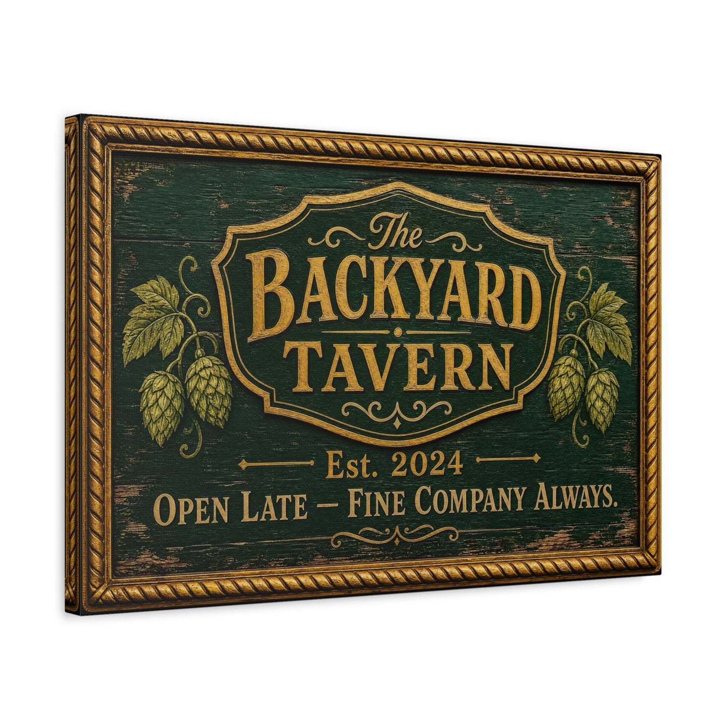 "The Backyard Tavern" Canvas Wall Art - Vintage Pub Sign, Rustic Typography Decor - Green And Gold Tavern Style Print, Bar Room Wall Decor - Ready to Hang - Ready to Hang - Speakeasy Style Sign