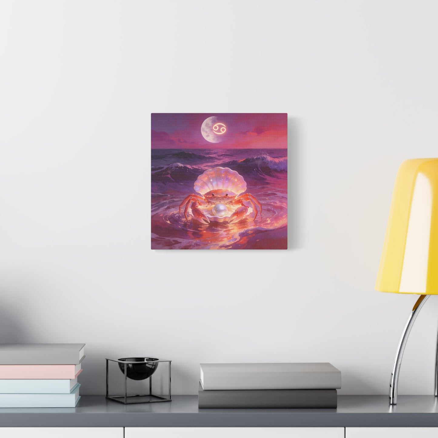 Cancer Zodiac Crab Canvas Wall Art - Moonlit Ocean Pearl Illustration, Pink Purple Seascape - Surreal Coastal Style - Living Room Wall Decor, Bedroom Home Decoration - Bedroom Home Decoration