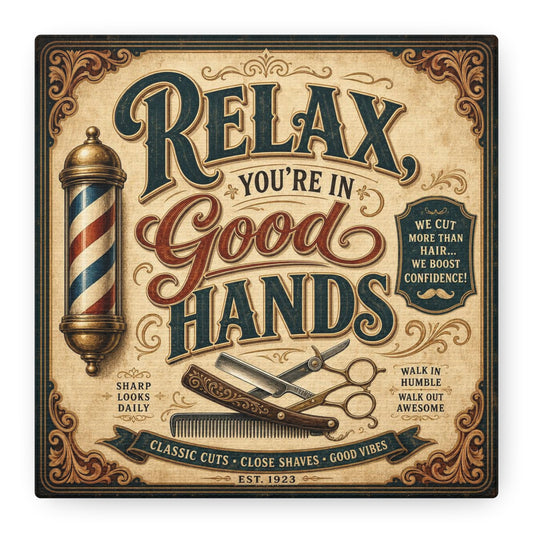 "Relax You're In Good Hands" Barber Shop Canvas Wall Art - Vintage Typography Sign, Straight Razor And Pole Illustration - Rustic Traditional Style - Salon Wall Art, Barbershop Decor - Ready to Hang