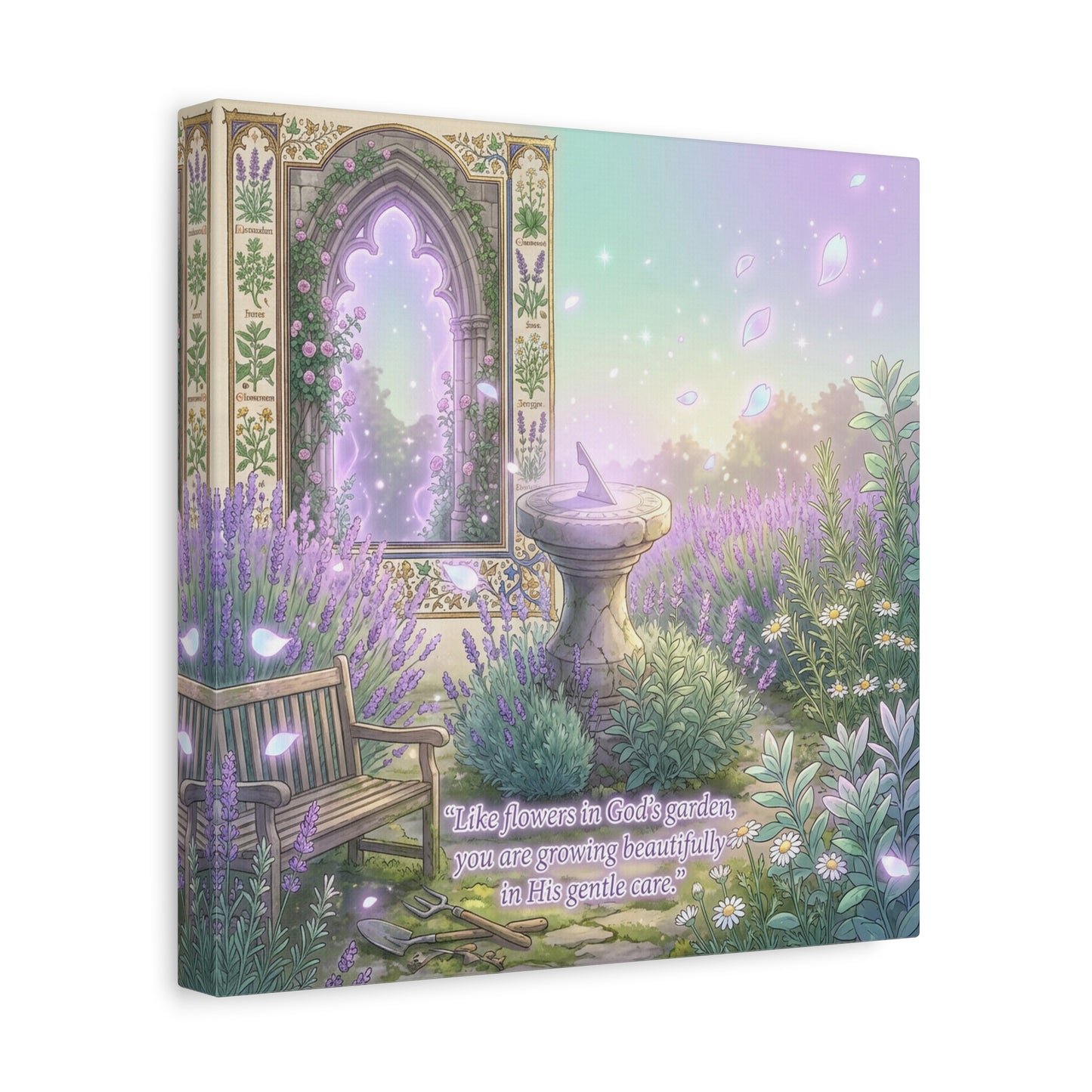 "Like Flowers In God's Garden, You Are Growing Beautifully In His Gentle Care" Canvas Wall Art - Lavender Garden Arch, Sundial Bench - Pastel Botanical Decor For Bedroom Living Room - Office Wall Art