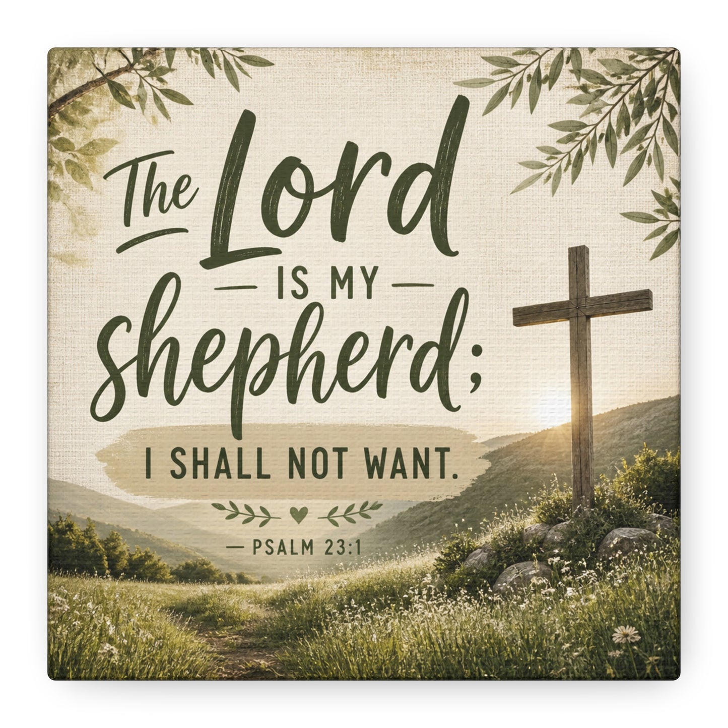 "The Lord Is My Shepherd, I Shall Not Want. - Psalm 23:1" Christian Canvas Wall Art - Rustic Cross Meadow Landscape, Farmhouse Scripture Decor, Bedroom Living Room Wall Hanging - Ready to Hang