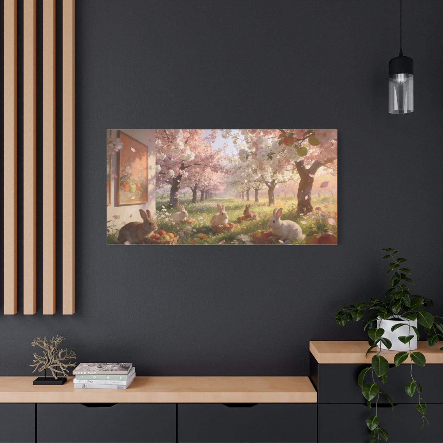 Cherry Blossom Rabbit Canvas Wall Art - Spring Orchard Bunnies, Apple Basket Meadow Scene - Matte Cotton Print, Pastel Floral Style - Bedroom Wall Decor, Nursery Home Decoration - Ready to Hang