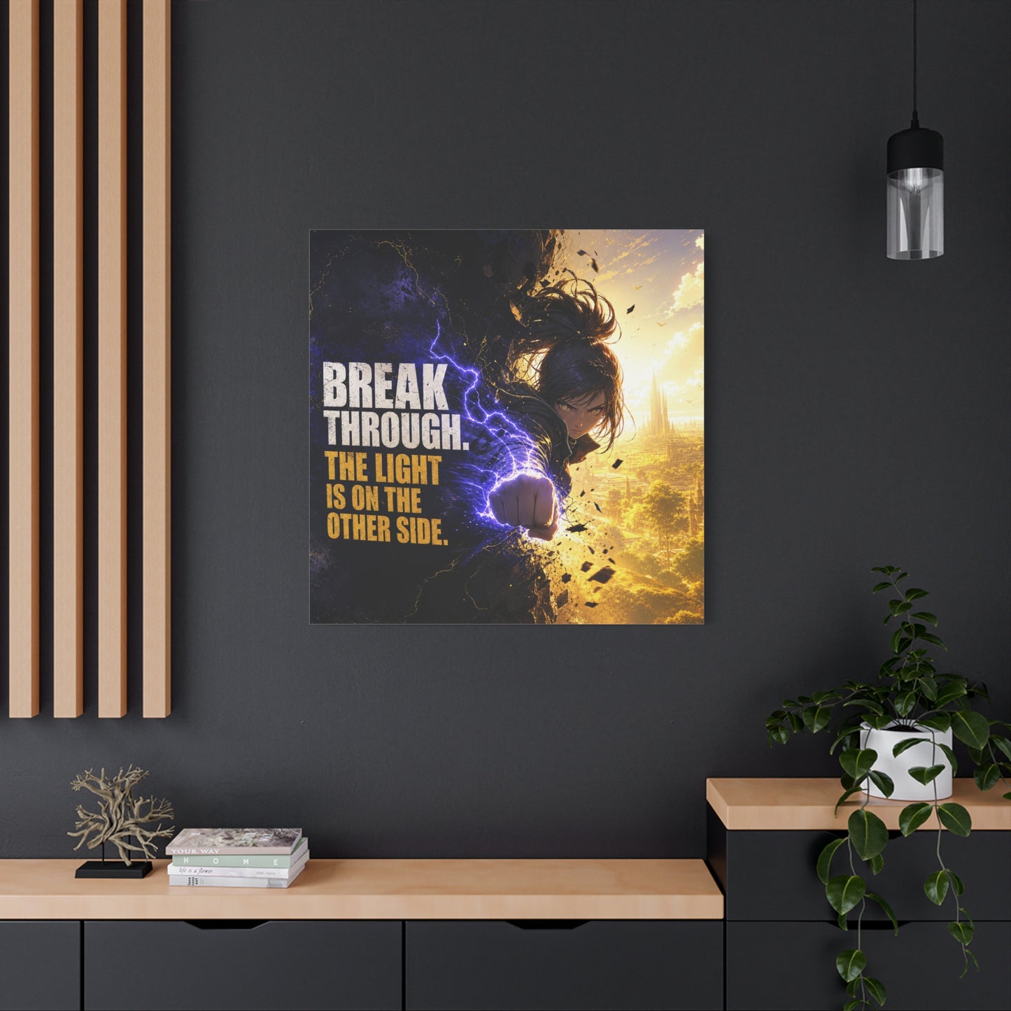"Break Through. The Light Is On The Other Side." Anime Canvas Wall Art - Motivational Fantasy Girl Poster Print, Dramatic Gold Lightning, Contemporary Bedroom Decor, Teen Room Accent - Office Wall Art