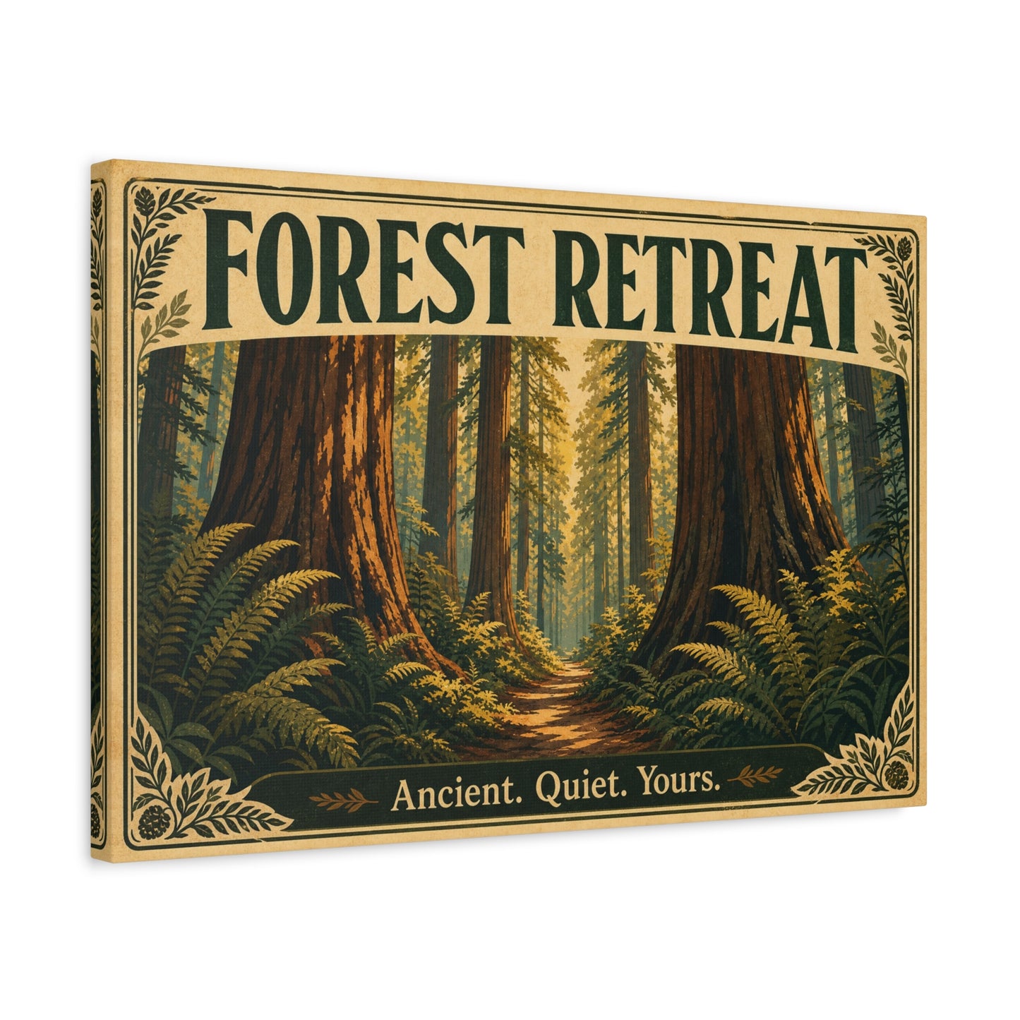 "Forest Retreat" Canvas Wall Art - Vintage Redwood Forest Path Print, Rustic Woodland Home Decor - Ancient. Quiet. Yours. - Cabin Style Living Room Decoration, Bedroom Wall Hanging - Ready to Hang