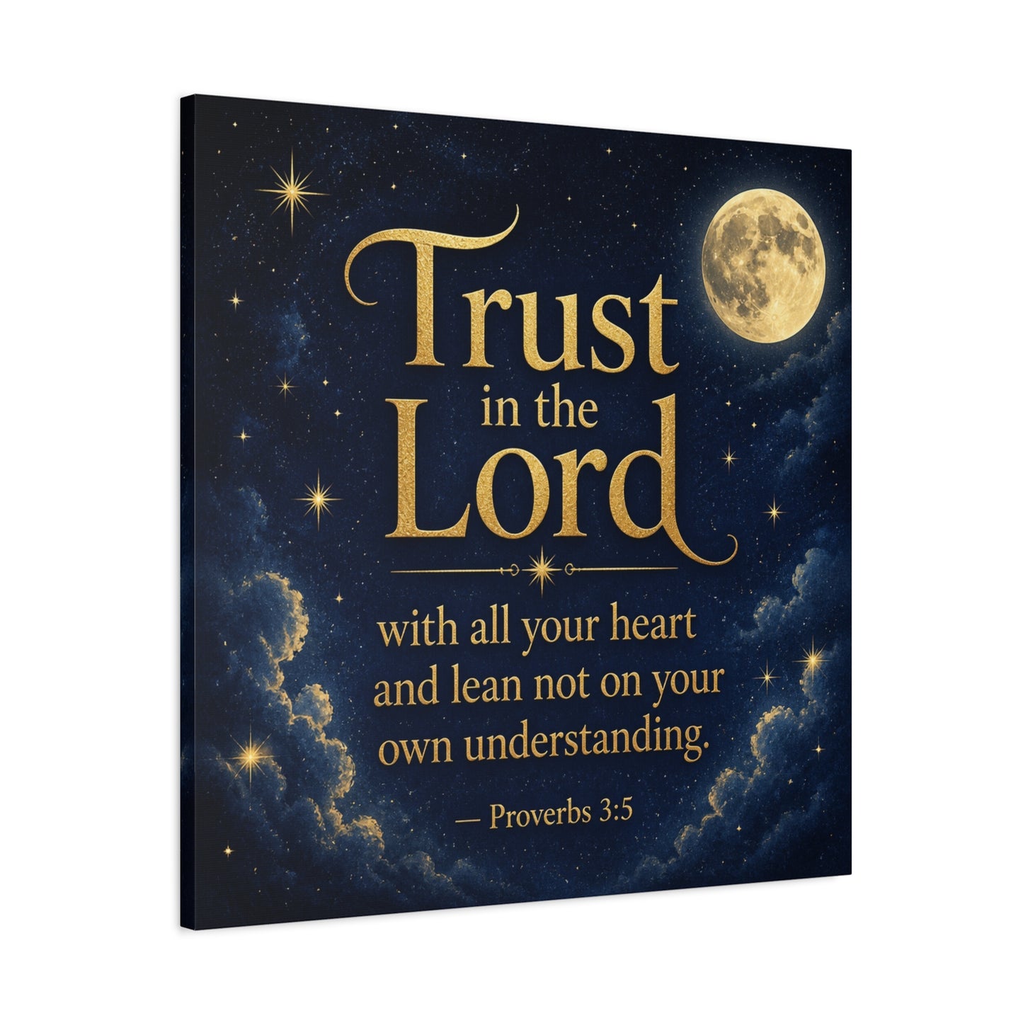 "Trust In The Lord" Bible Verse Canvas Wall Art - Moonlit Scripture Quote, Gold Typography, Christian Wall Decor - Traditional Night Sky Design - Bedroom Living Room Decoration - Ready to Hang